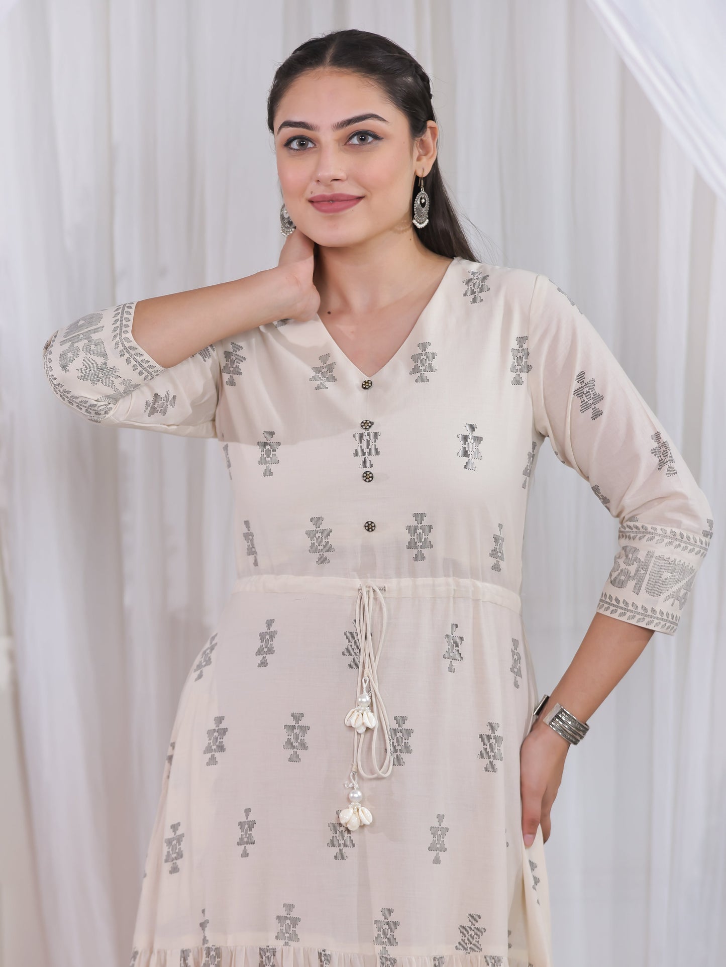 Soft Cotton Geometric Anarkali Off White Dress