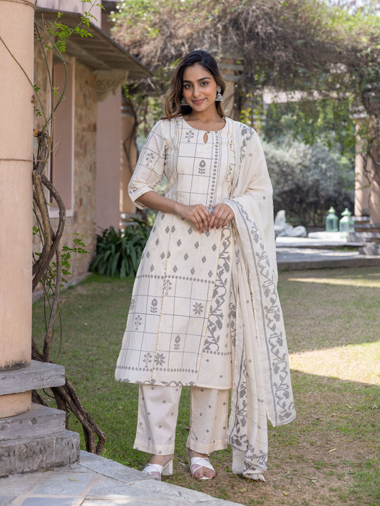 Cotton Voile Geometric Cream Dupatta