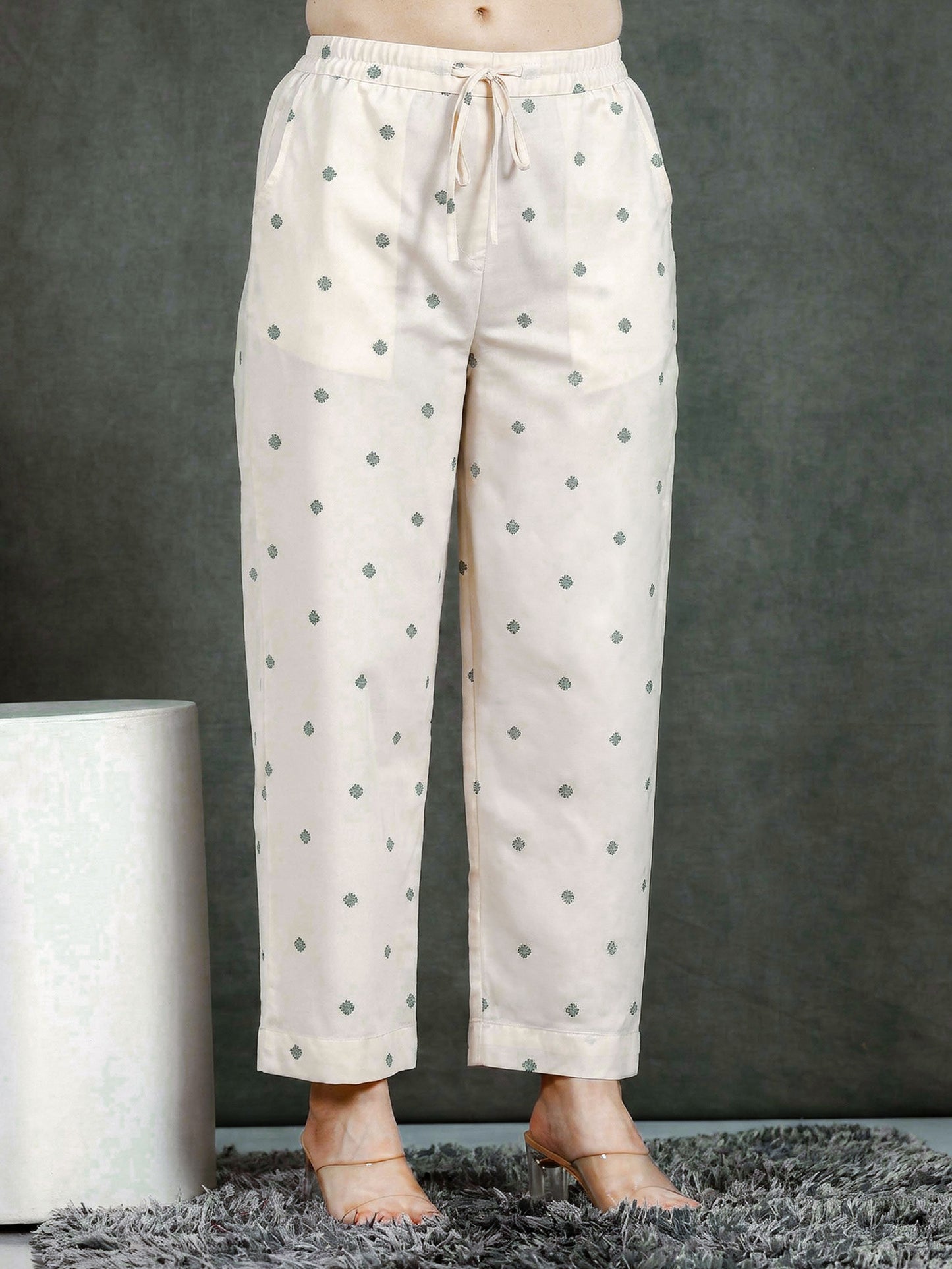 Soft Cotton Geometric Cream Straight Trousers