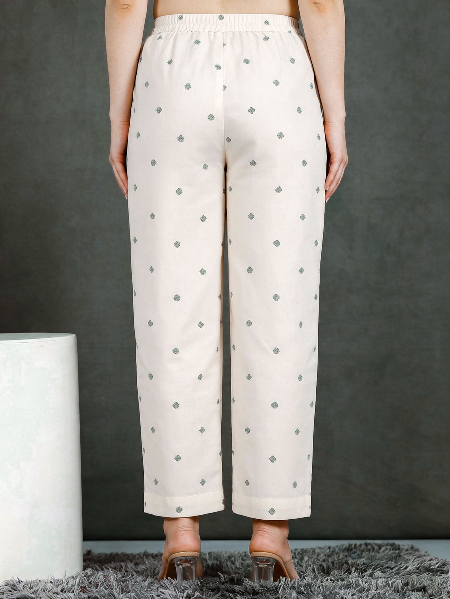 Soft Cotton Geometric Cream Straight Trousers