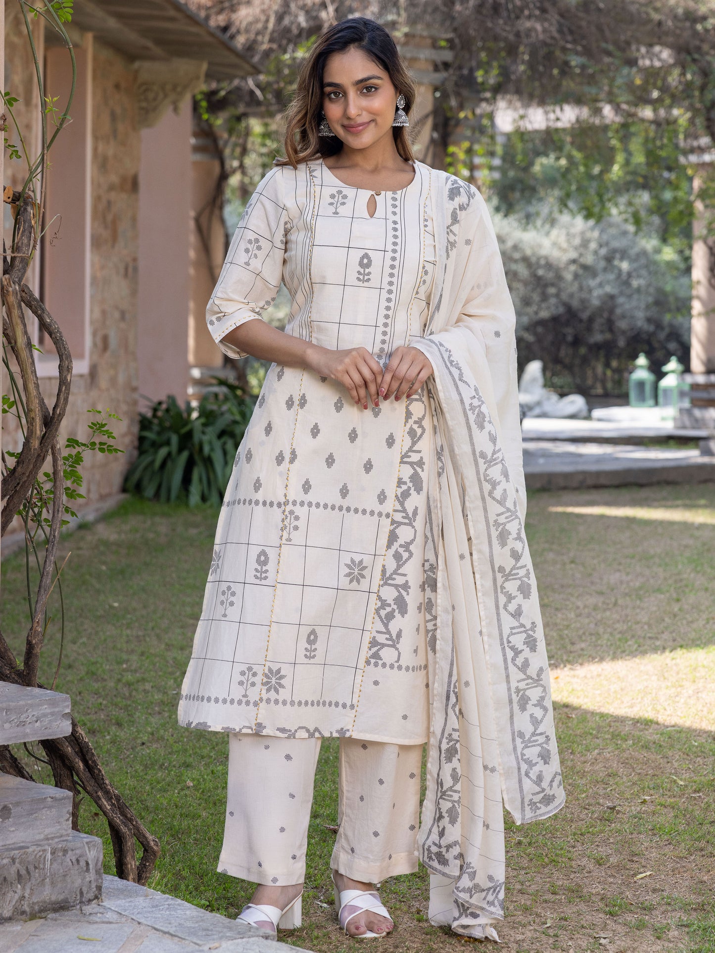 Soft Cotton Geometric A-line Cream Kurta