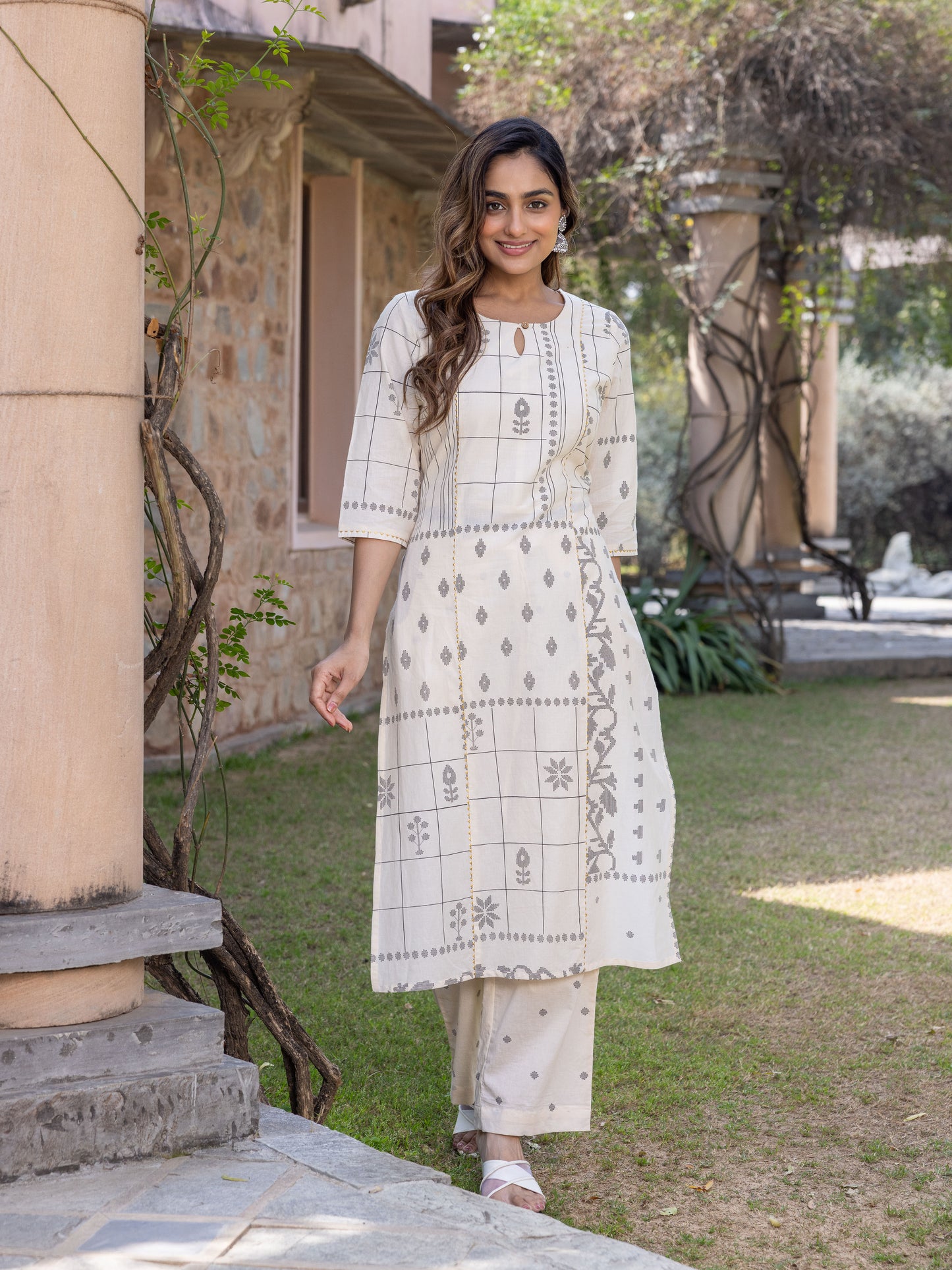 Soft Cotton Geometric A-line Cream Kurta