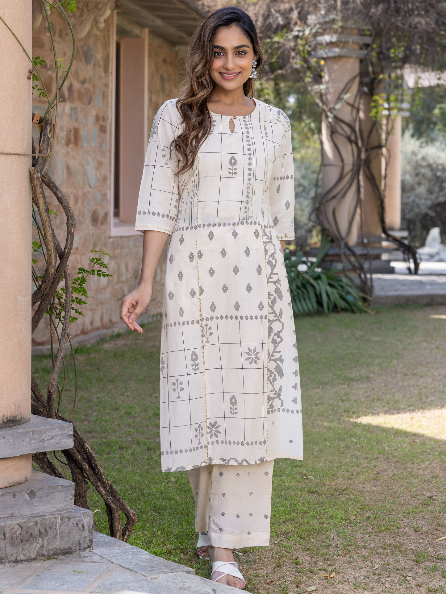 Soft Cotton Geometric A-line Cream Kurta