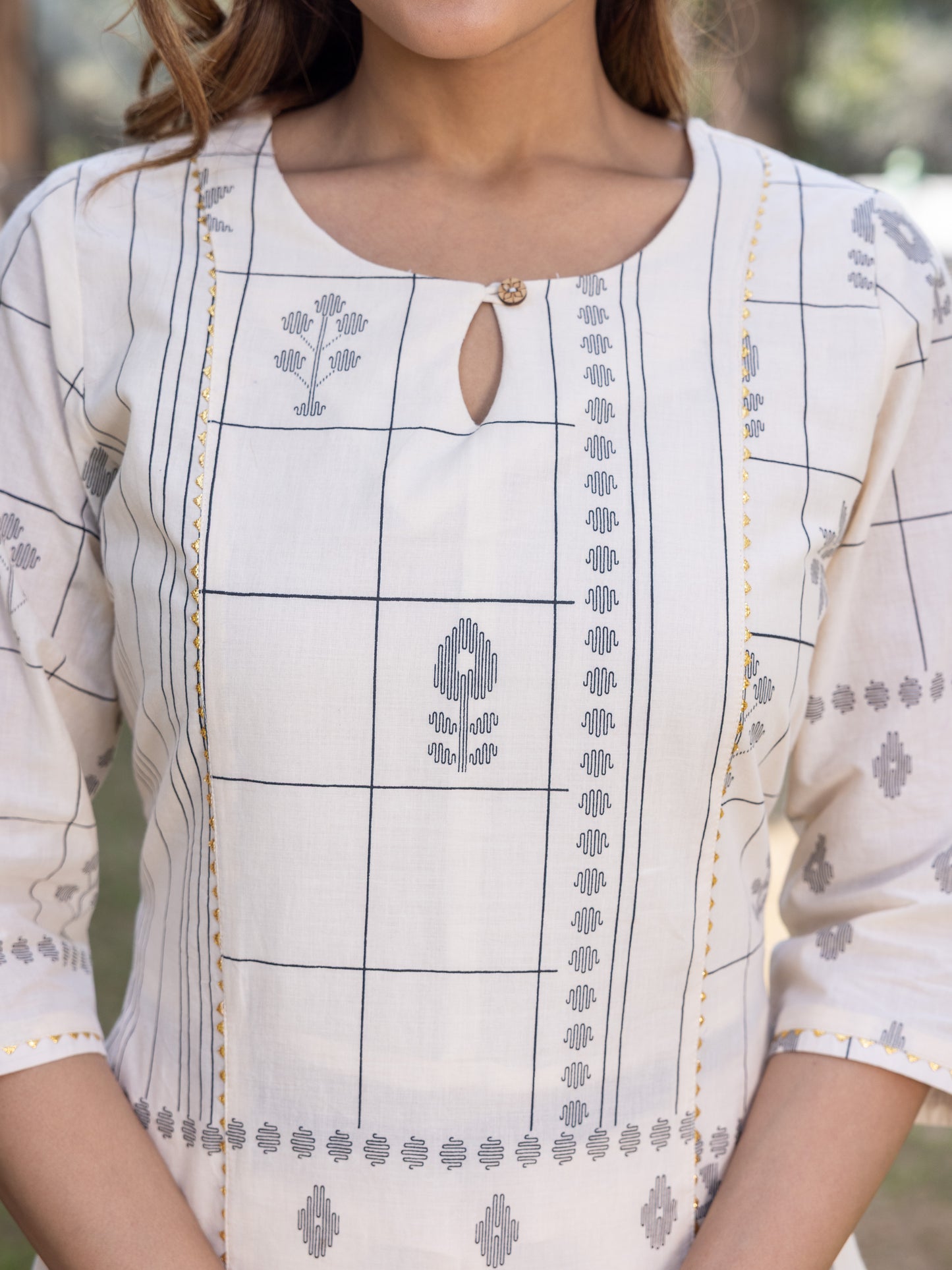 Soft Cotton Geometric A-line Cream Kurta