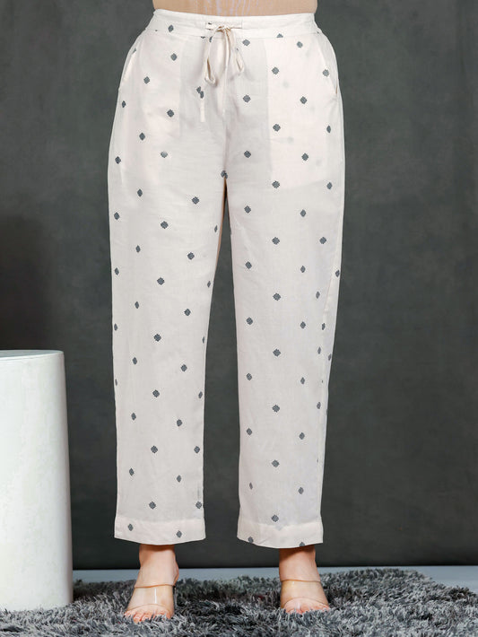 Soft Cotton Geometric Cream Straight Trousers