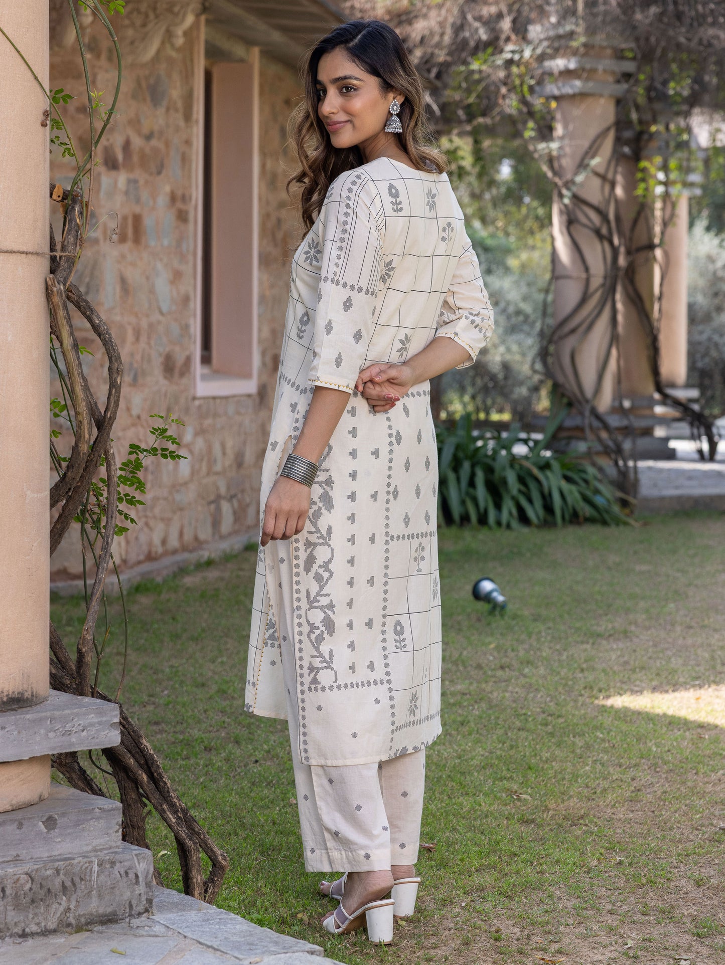 Soft Cotton Geometric A-line Cream Kurta