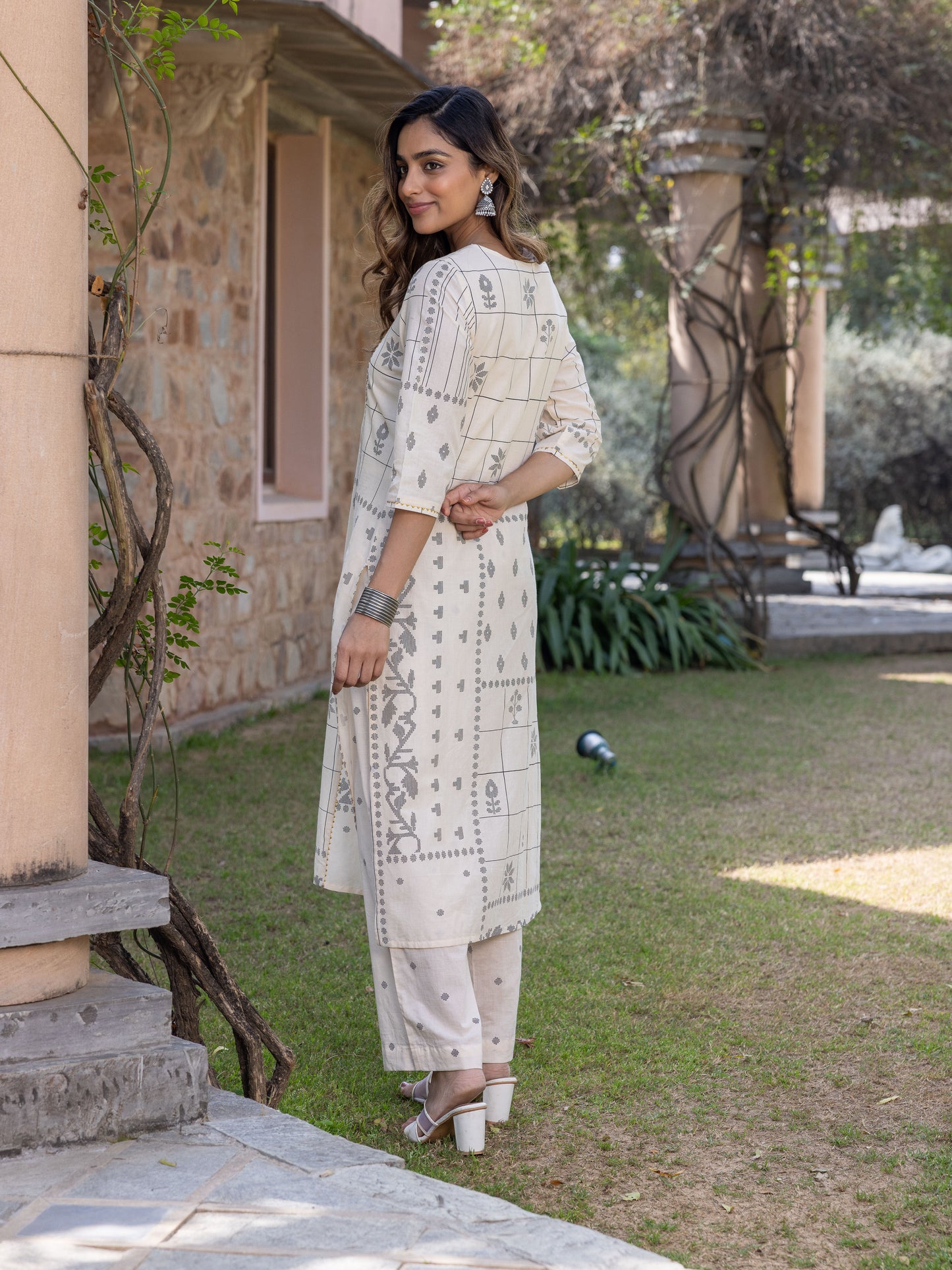 Soft Cotton Geometric A-line Cream Kurta