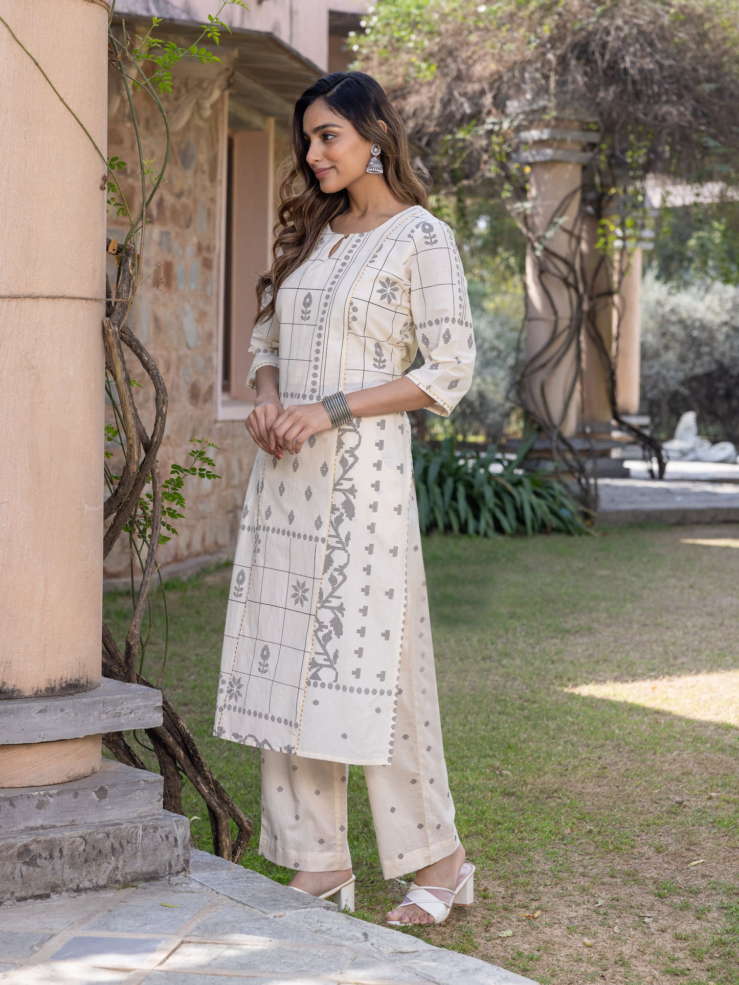 Soft Cotton Geometric A-line Cream Kurta