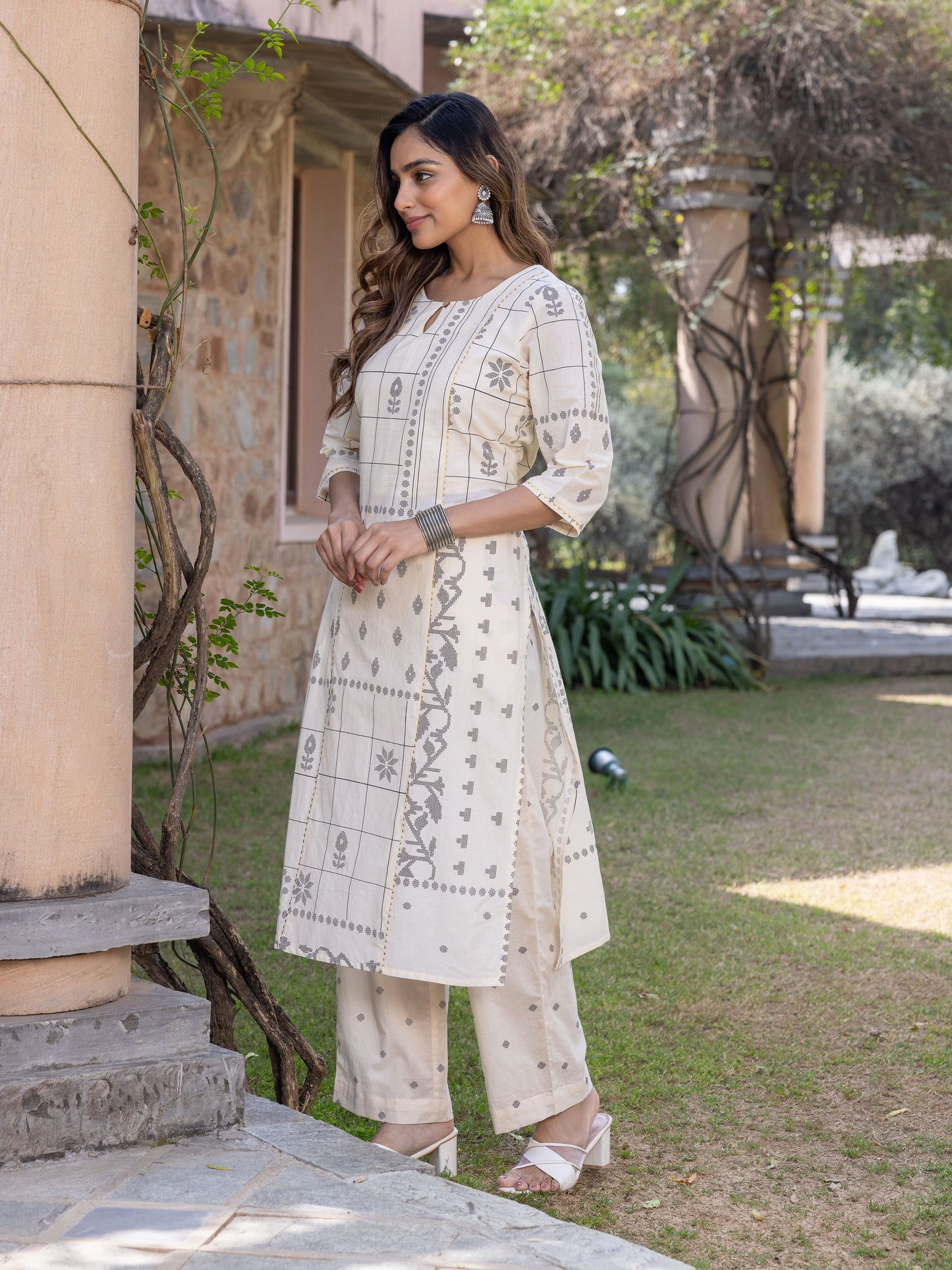 Soft Cotton Geometric A-line Cream Kurta