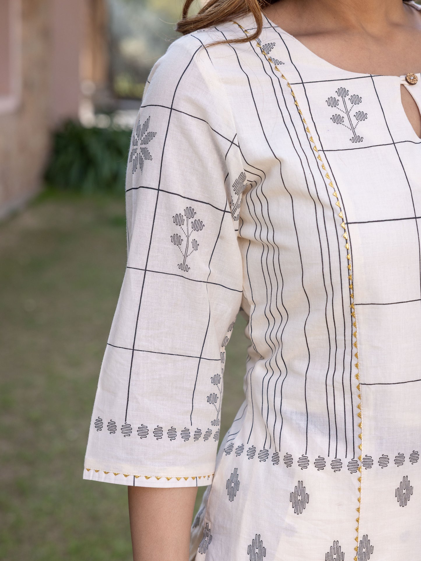 Soft Cotton Geometric A-line Cream Kurta