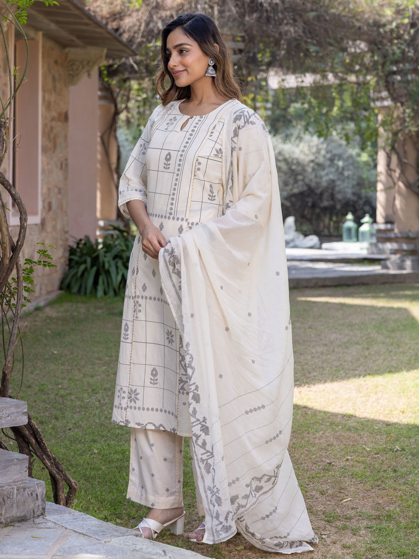 Soft Cotton Geometric A-line Cream Kurta