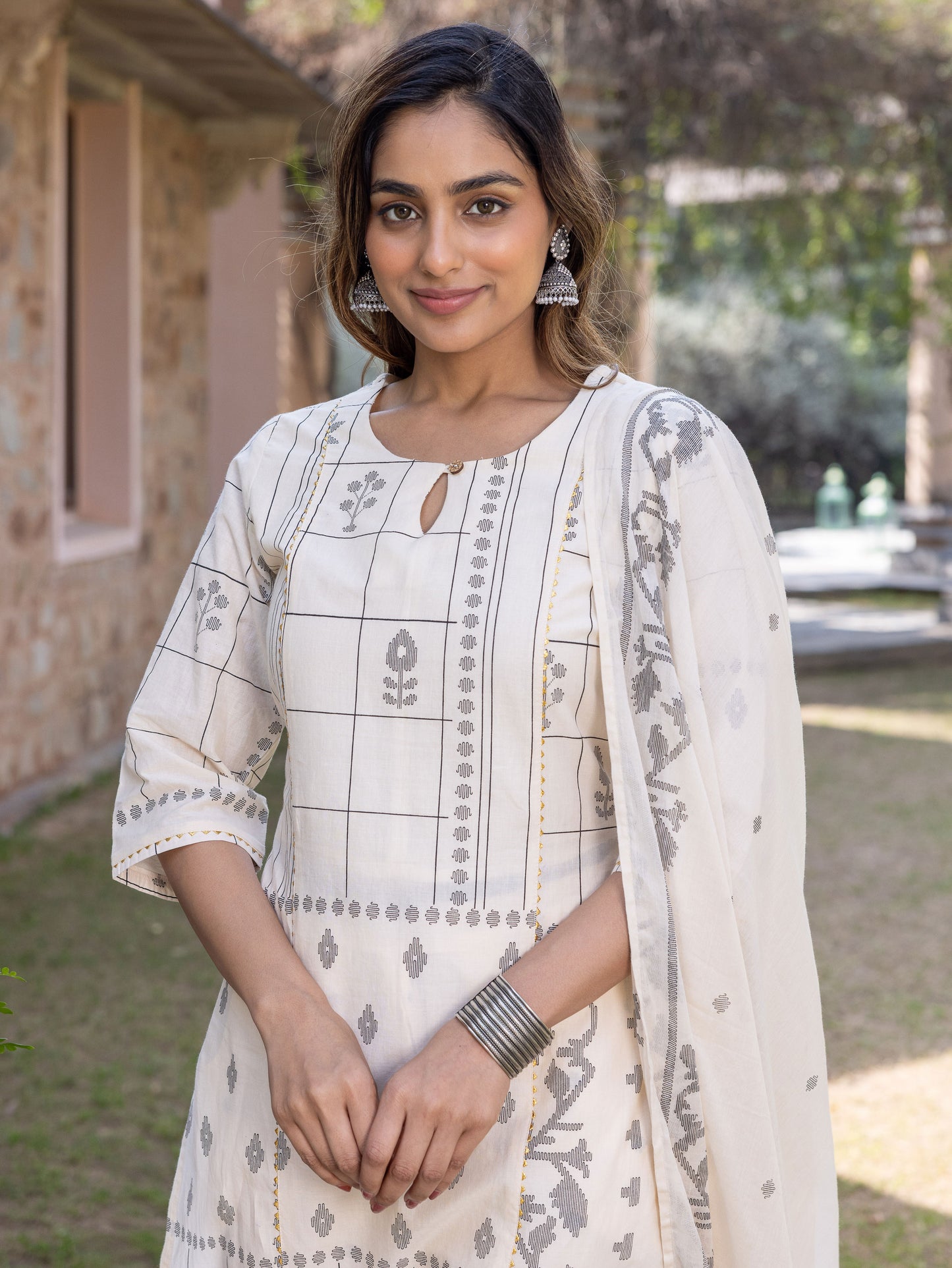 Soft Cotton Geometric A-line Cream Kurta