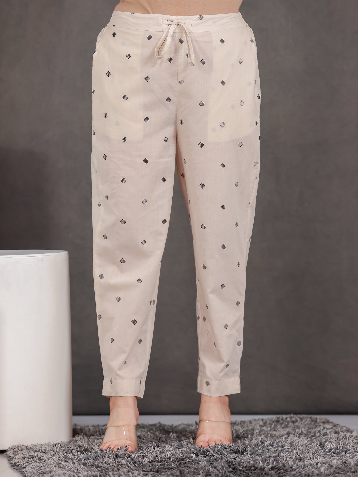 Soft Cotton Geometric Beige Tapered Trousers