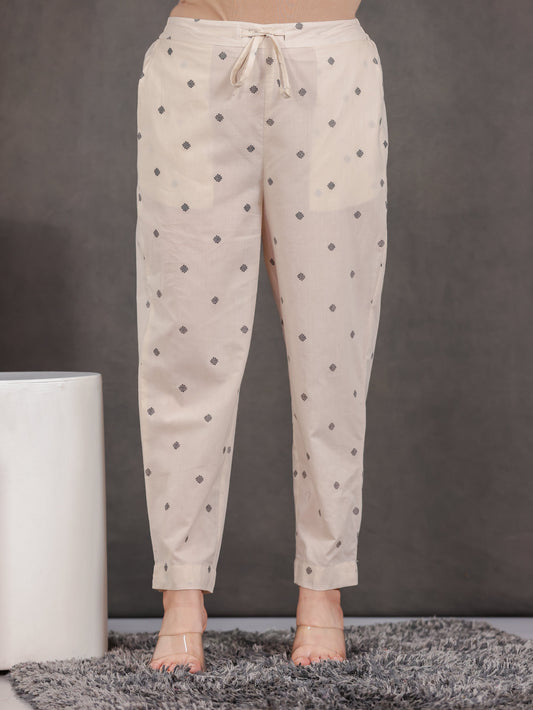 Soft Cotton Geometric Beige Tapered Trousers