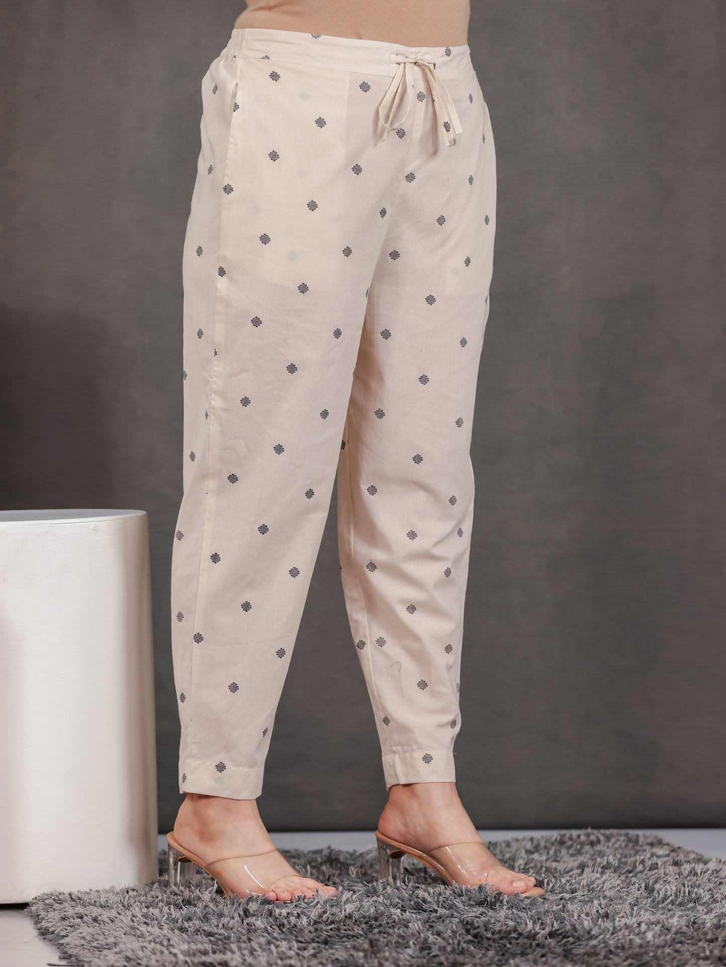 Soft Cotton Geometric Beige Tapered Trousers