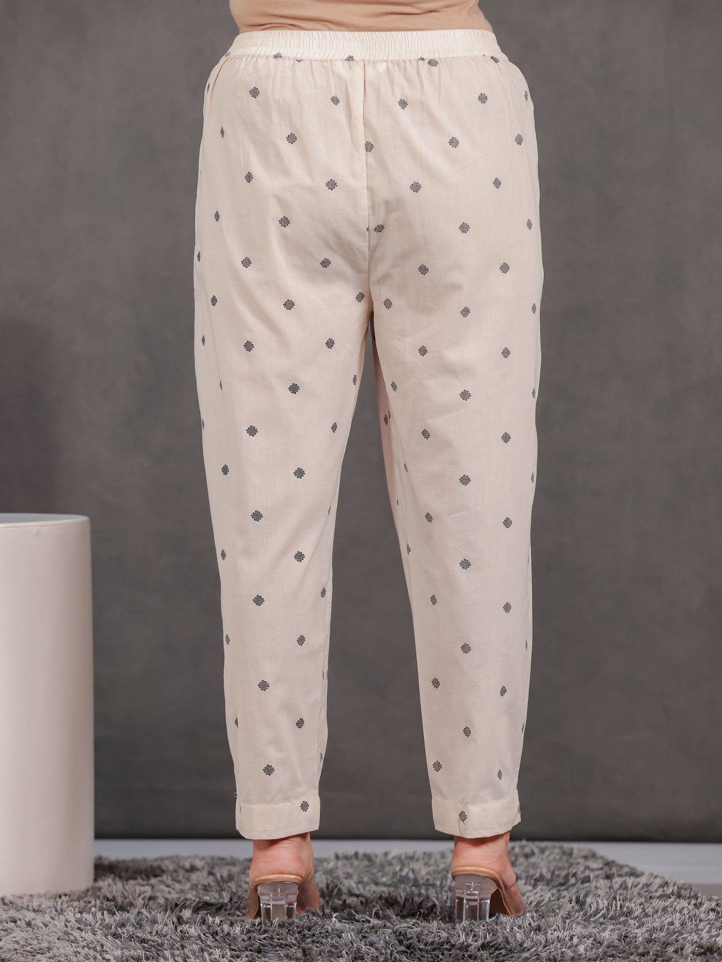 Soft Cotton Geometric Beige Tapered Trousers