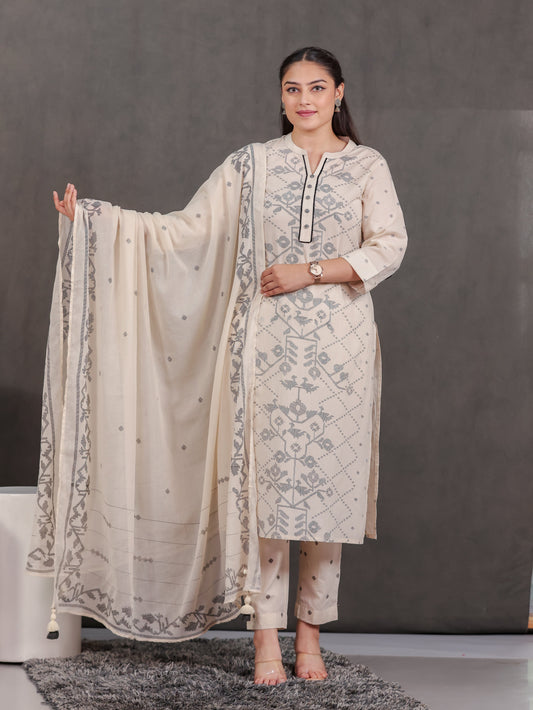 Cotton Voile Geometric Beige Dupatta