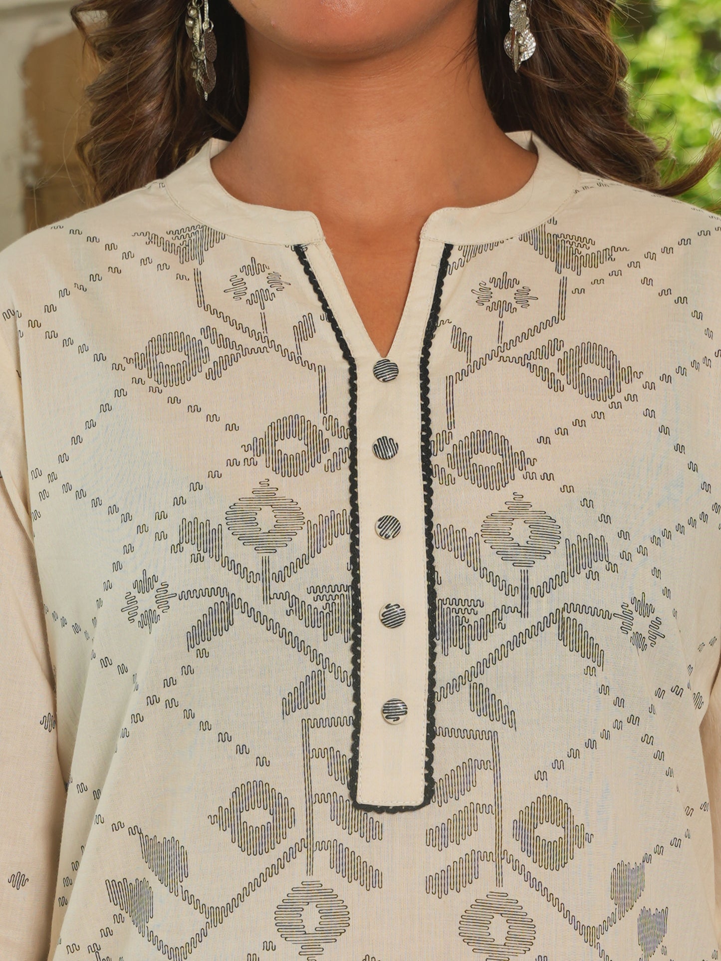 Soft Cotton Geometric Straight Beige Kurta
