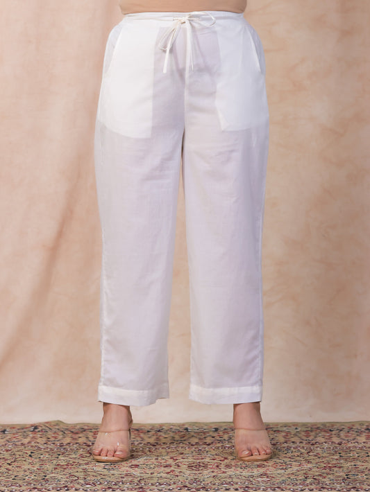 Soft Cotton Solid Off White Straight Trousers