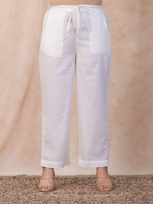 Soft Cotton Solid Off White Straight Trousers