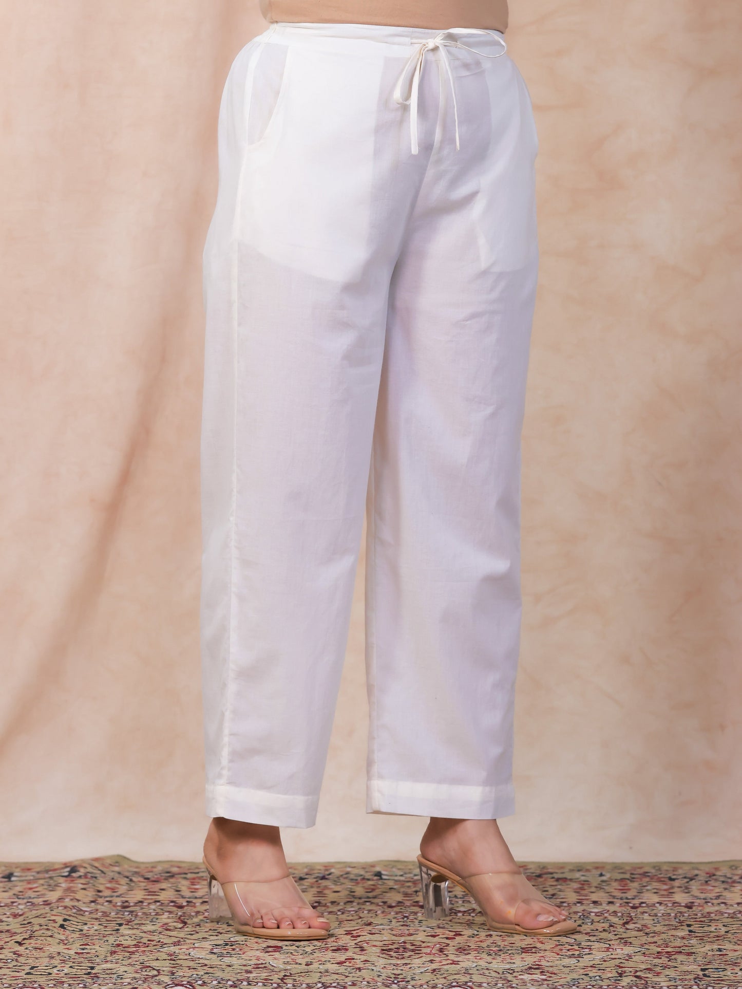 Soft Cotton Solid Off White Straight Trousers