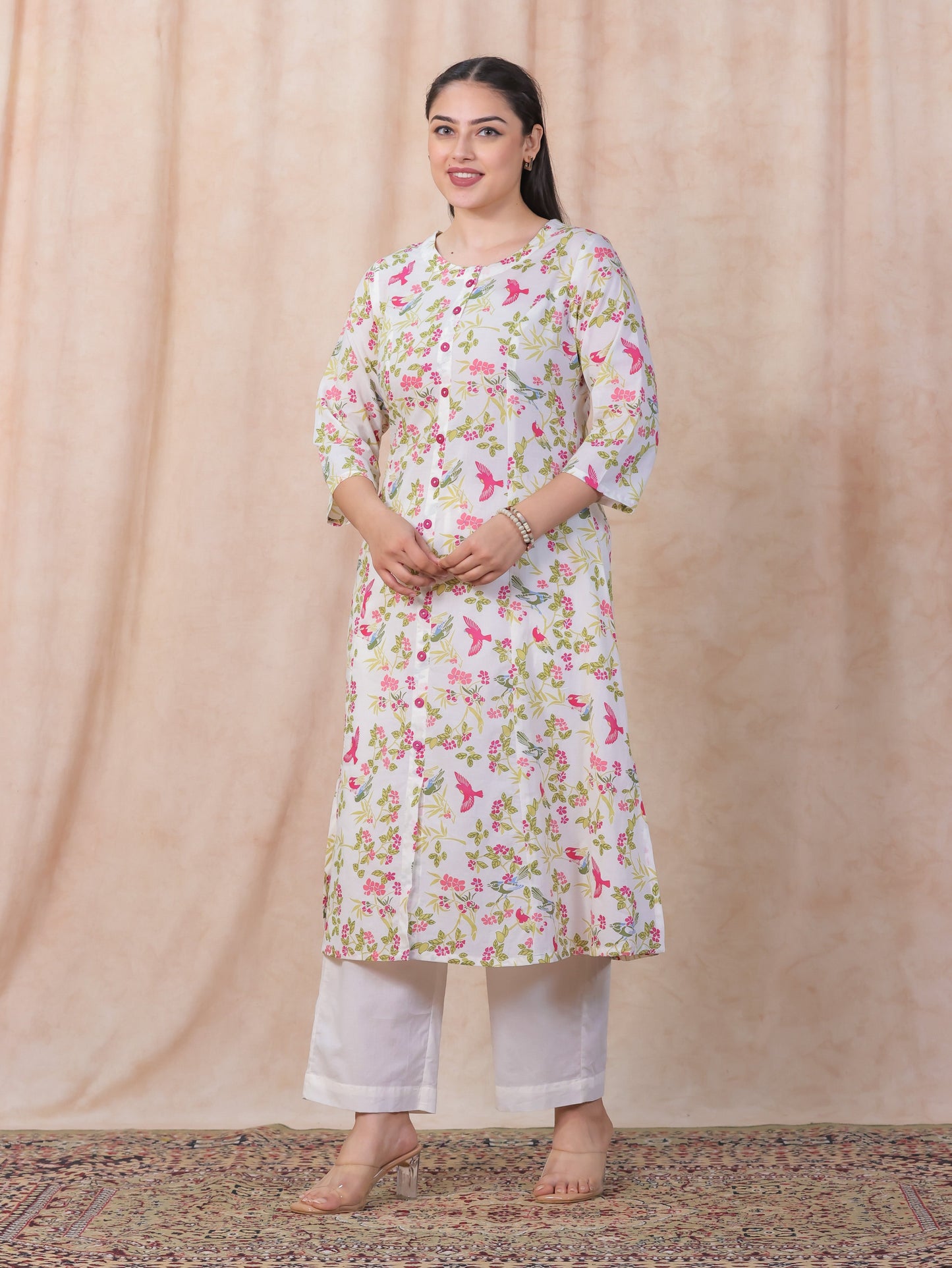 Soft Cotton Floral Flared Off White Kurta