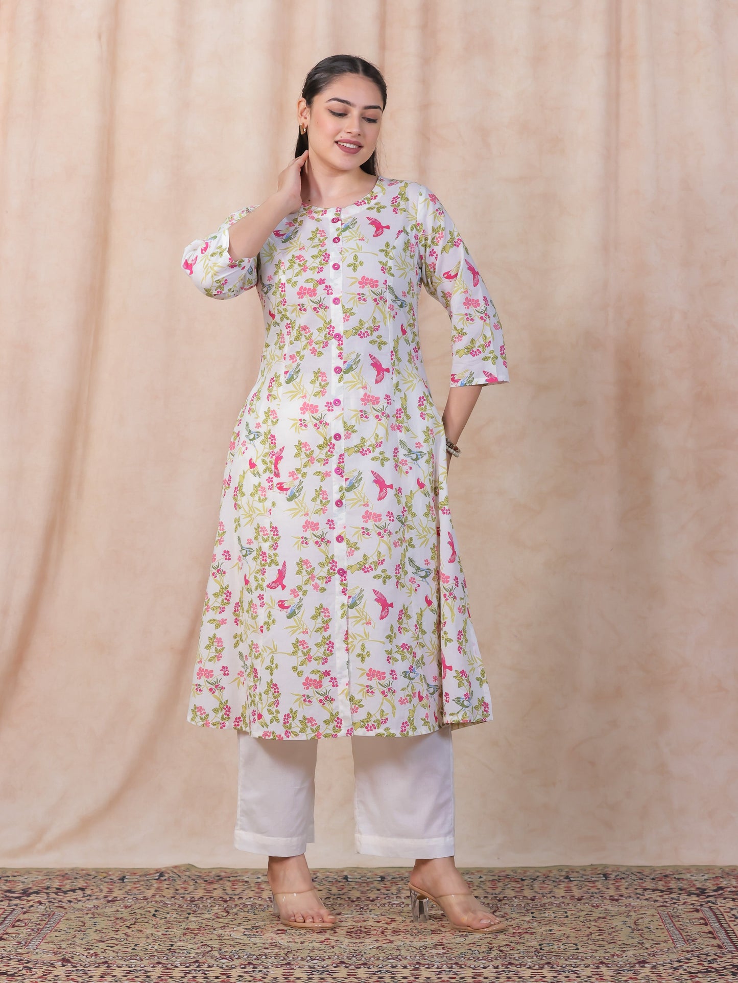 Soft Cotton Floral Flared Off White Kurta