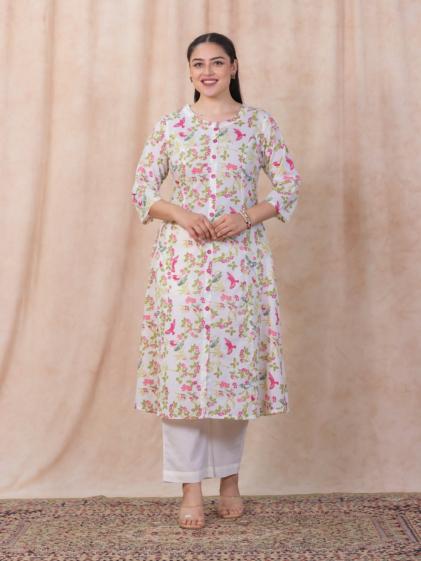 Soft Cotton Floral Flared Off White Kurta
