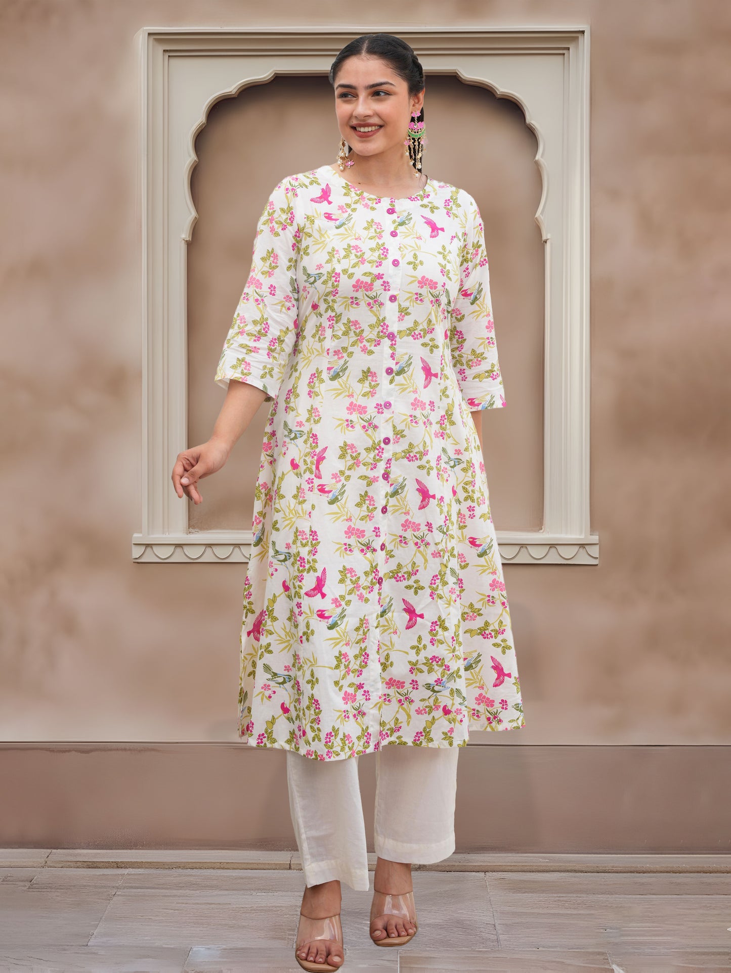 Soft Cotton Floral Flared Off White Kurta
