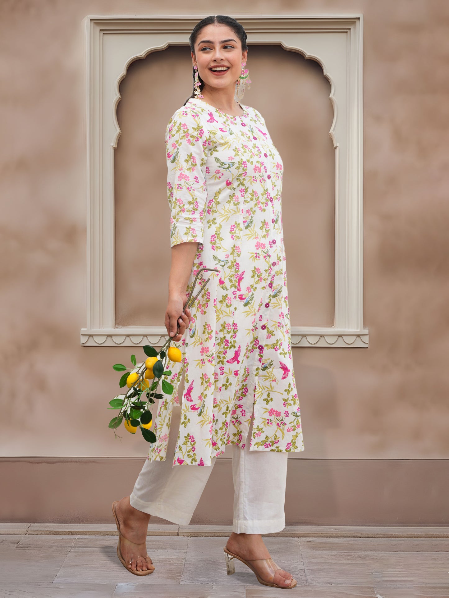 Soft Cotton Floral Flared Off White Kurta