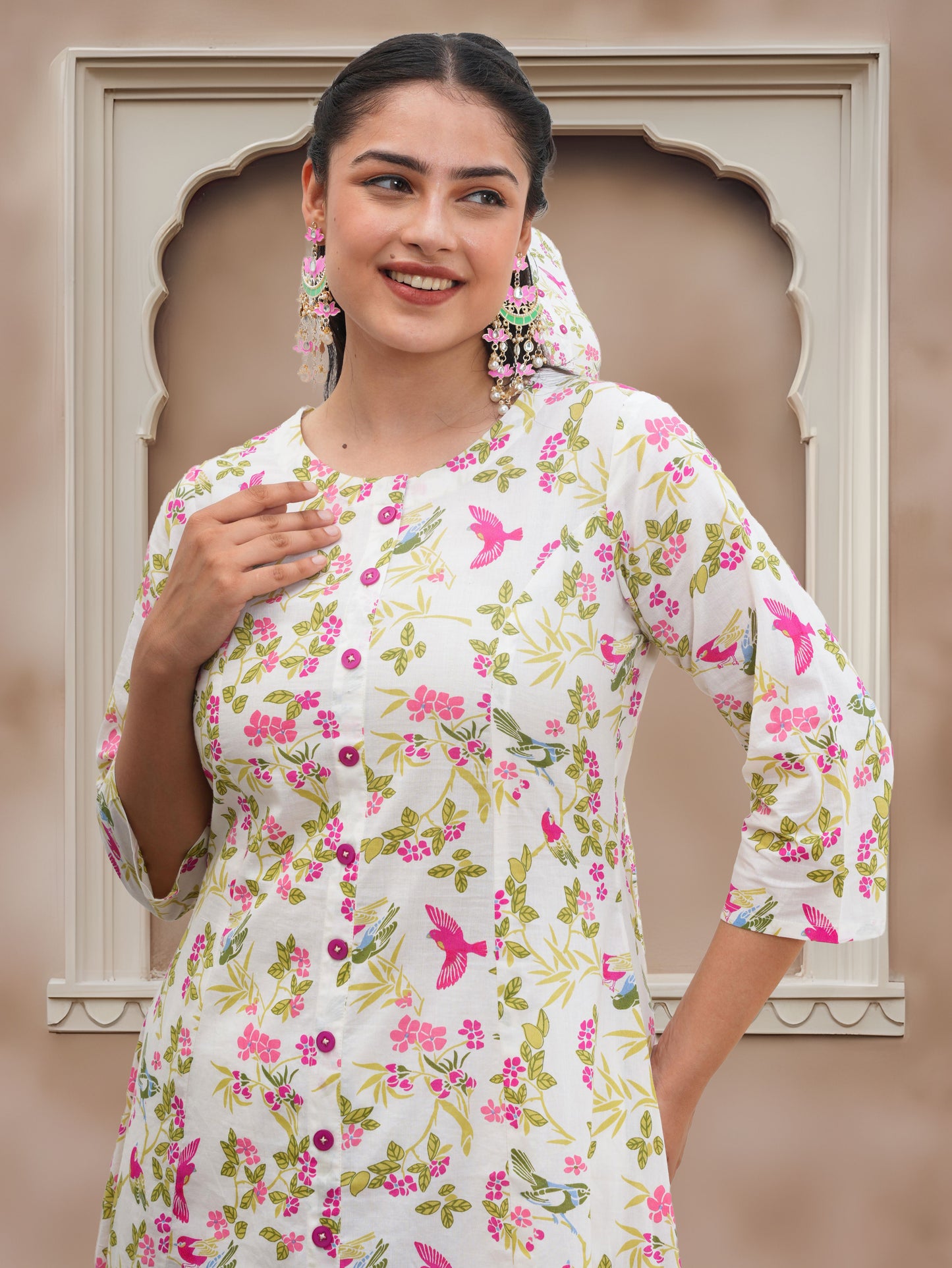 Soft Cotton Floral Flared Off White Kurta