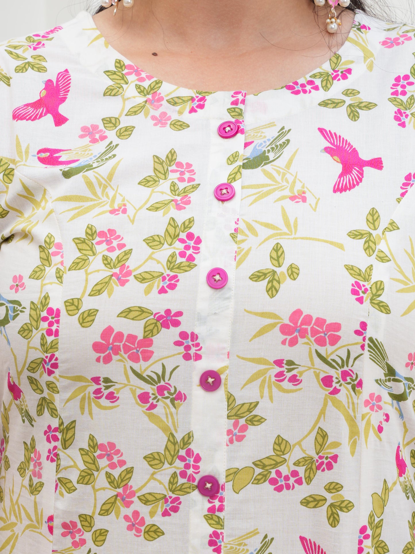 Soft Cotton Floral Flared Off White Kurta