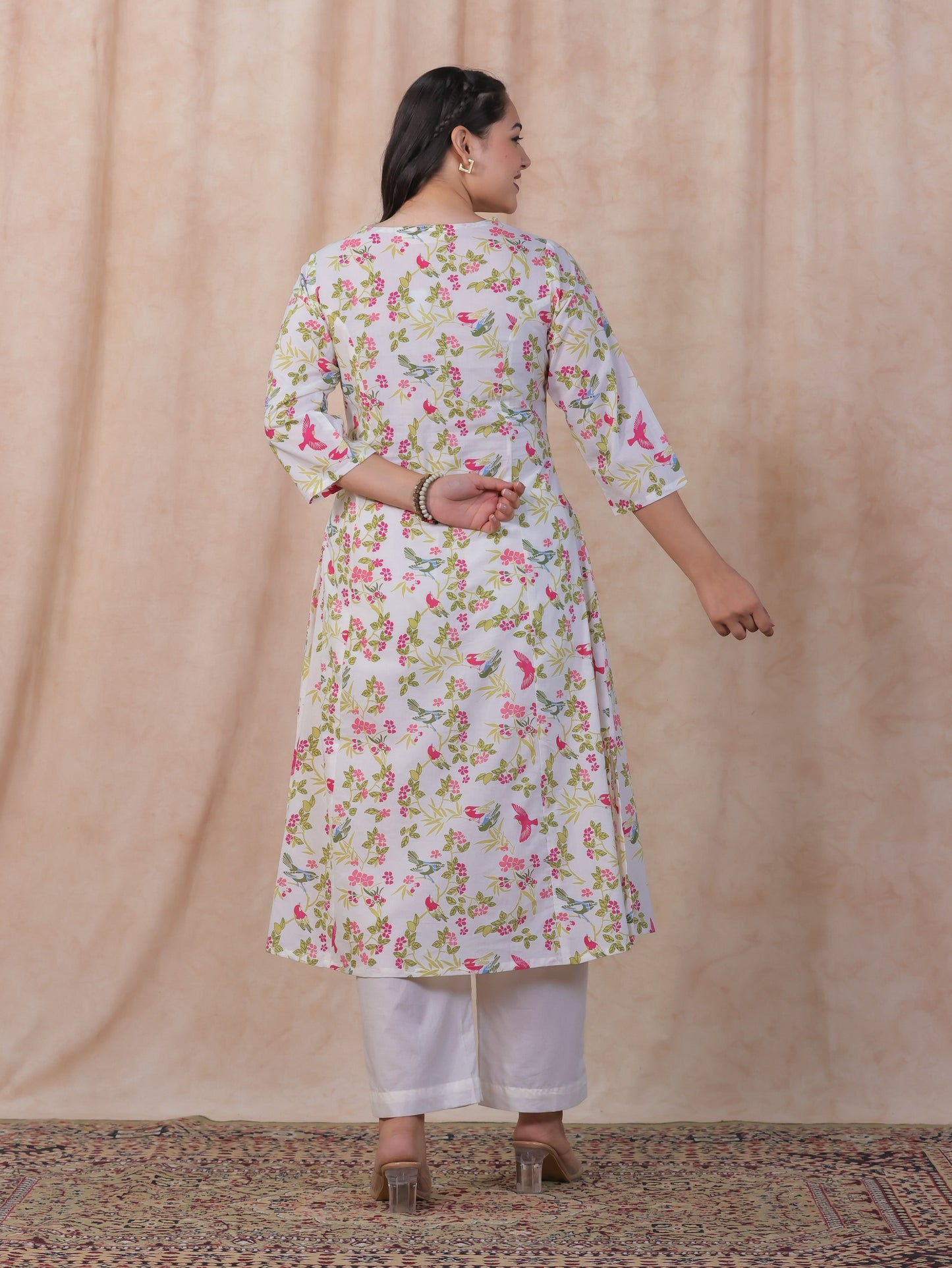Soft Cotton Floral Flared Off White Kurta