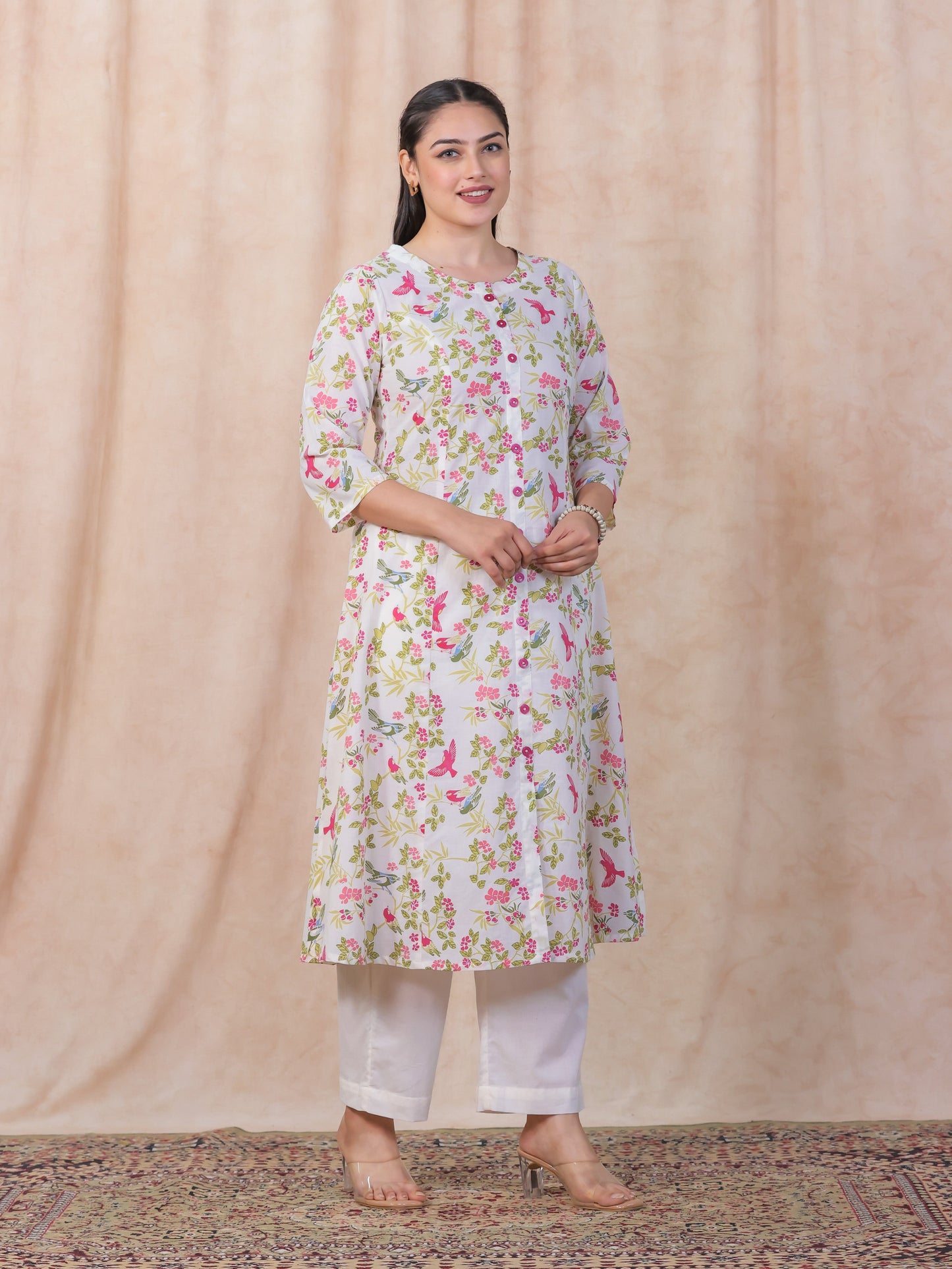 Soft Cotton Floral Flared Off White Kurta