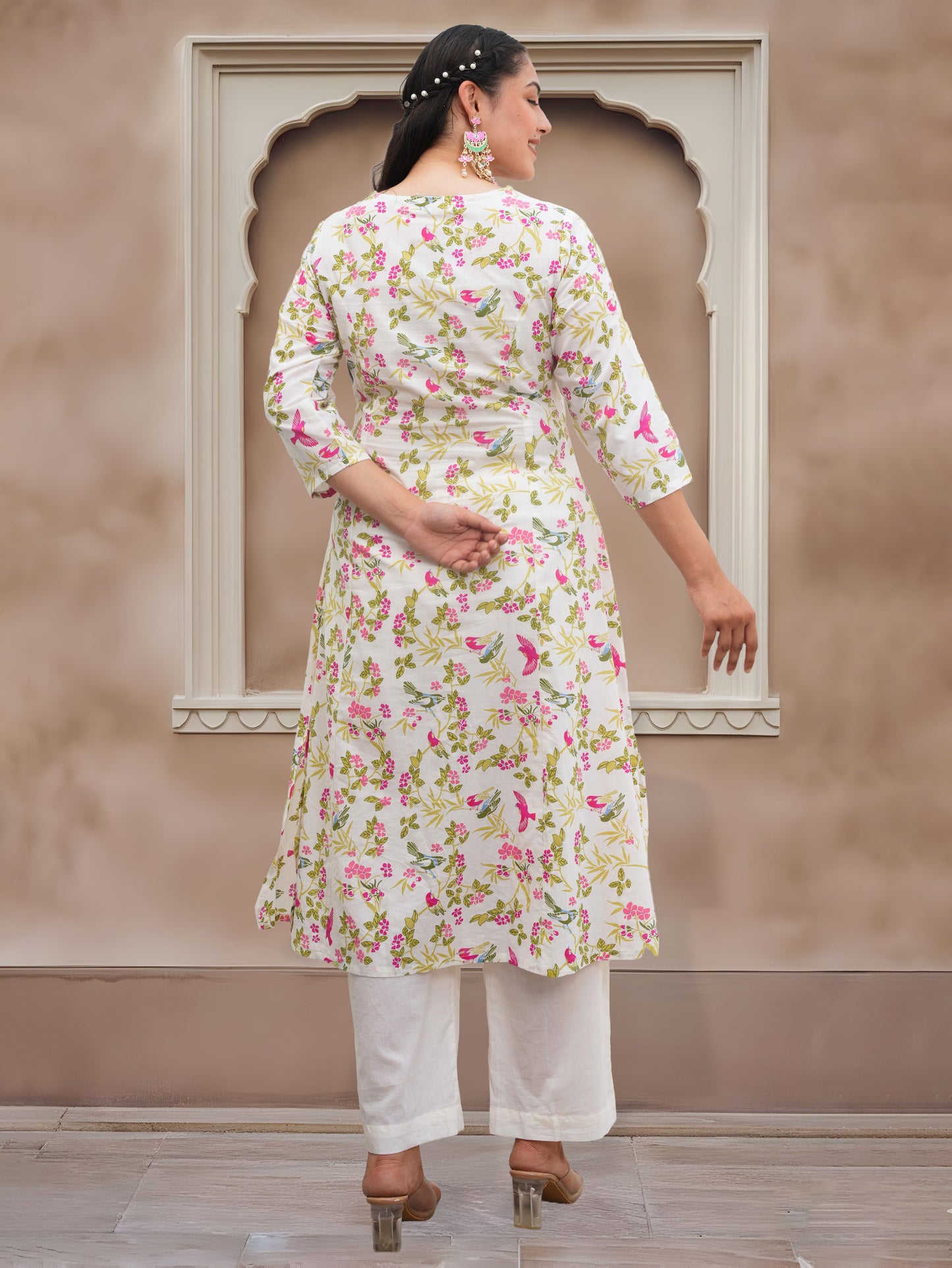 Soft Cotton Floral Flared Off White Kurta