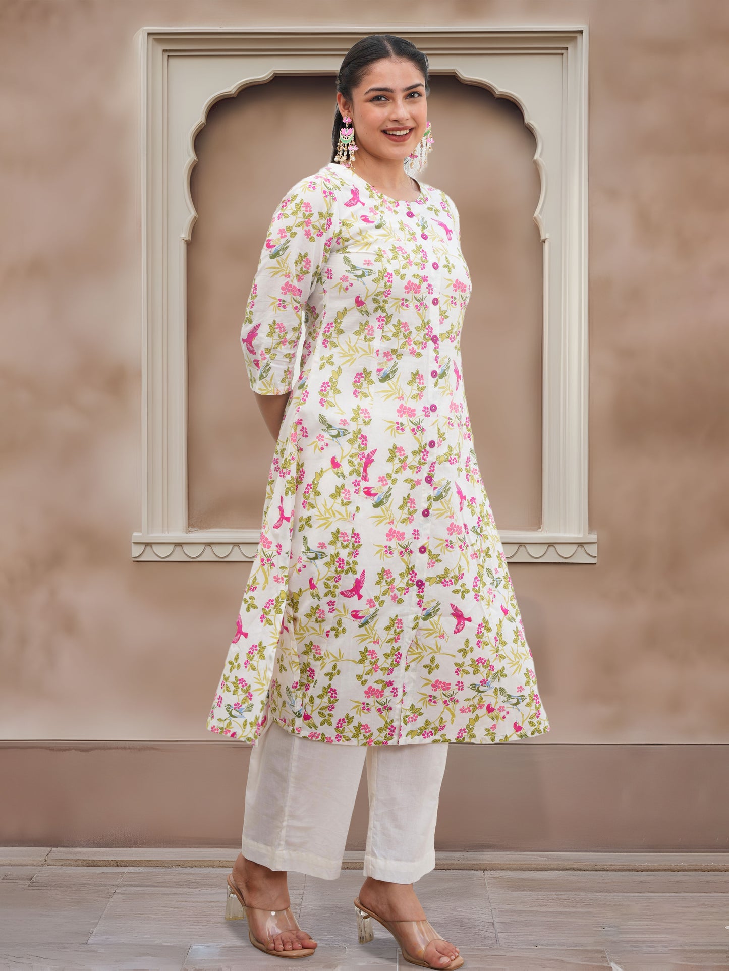 Soft Cotton Floral Flared Off White Kurta