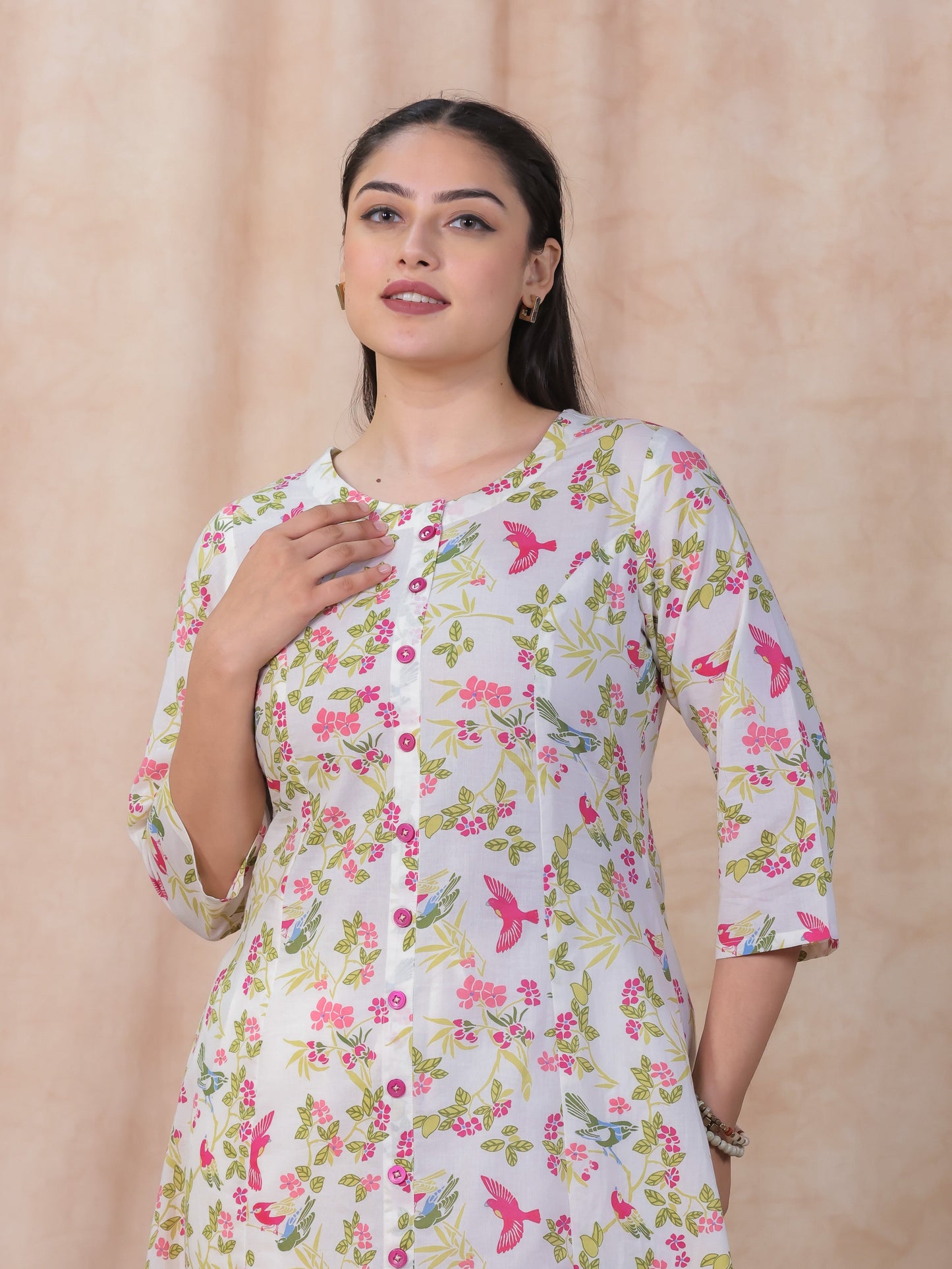 Soft Cotton Floral Flared Off White Kurta