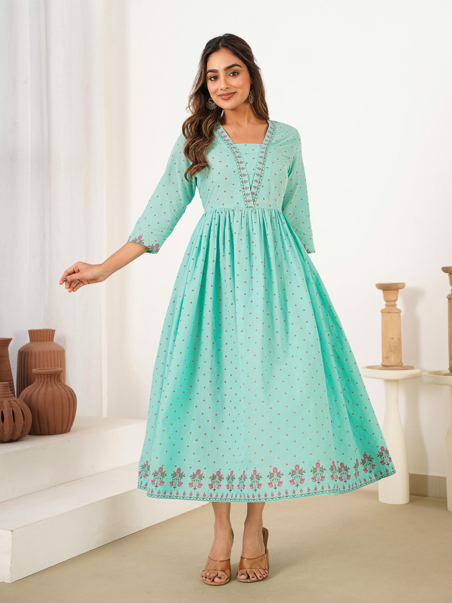 Soft Cotton Floral Anarkali Mint Green Dress