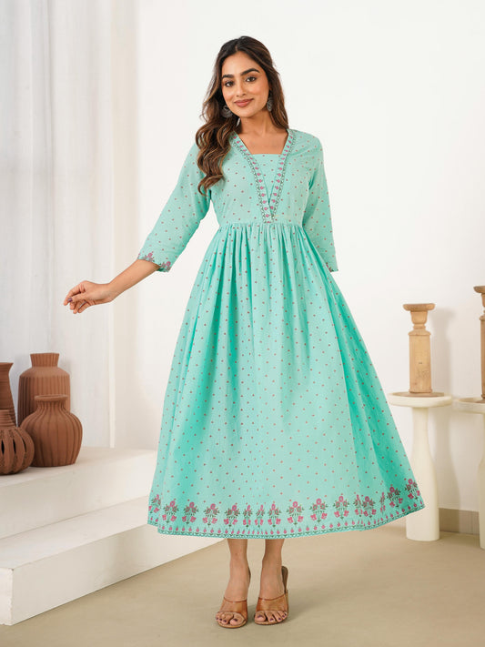 Soft Cotton Floral Anarkali Mint Green Dress