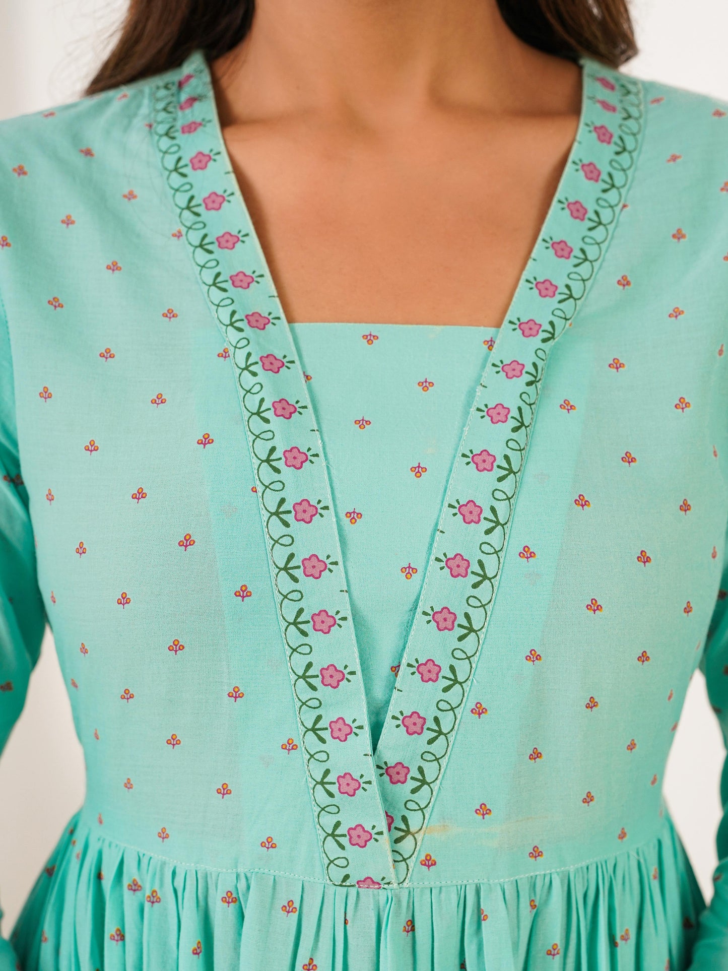 Soft Cotton Floral Anarkali Mint Green Dress