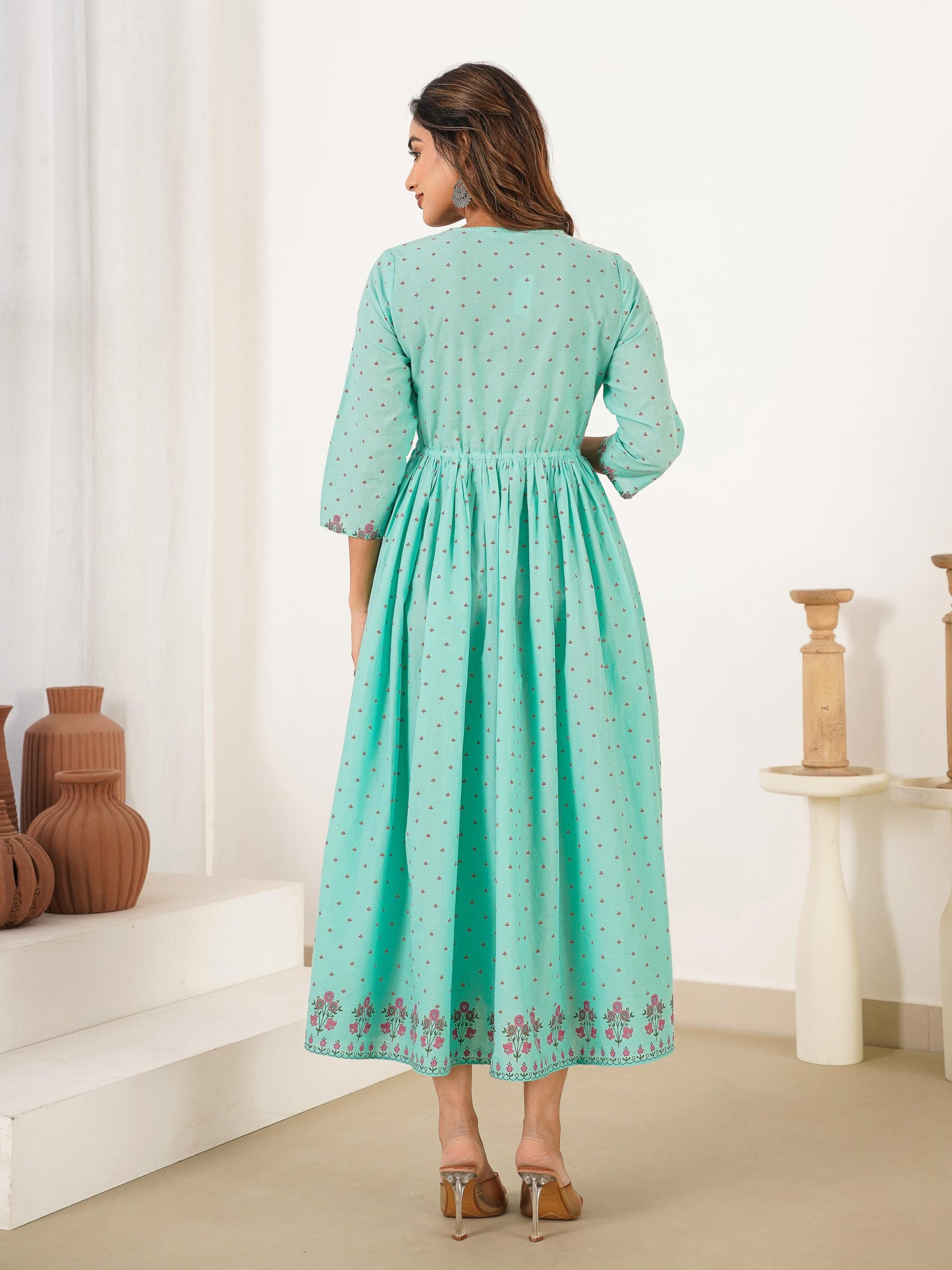 Soft Cotton Floral Anarkali Mint Green Dress