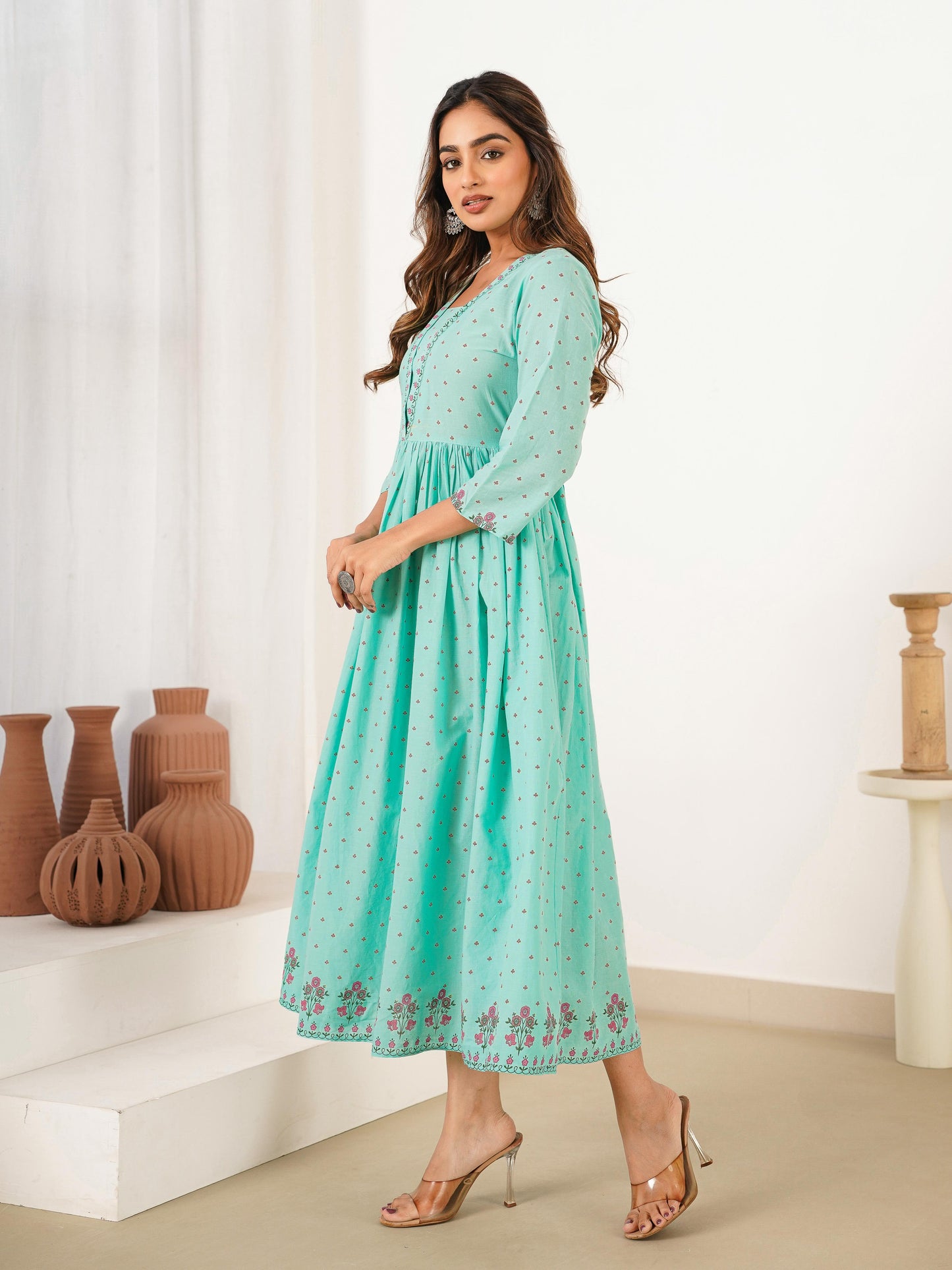 Soft Cotton Floral Anarkali Mint Green Dress