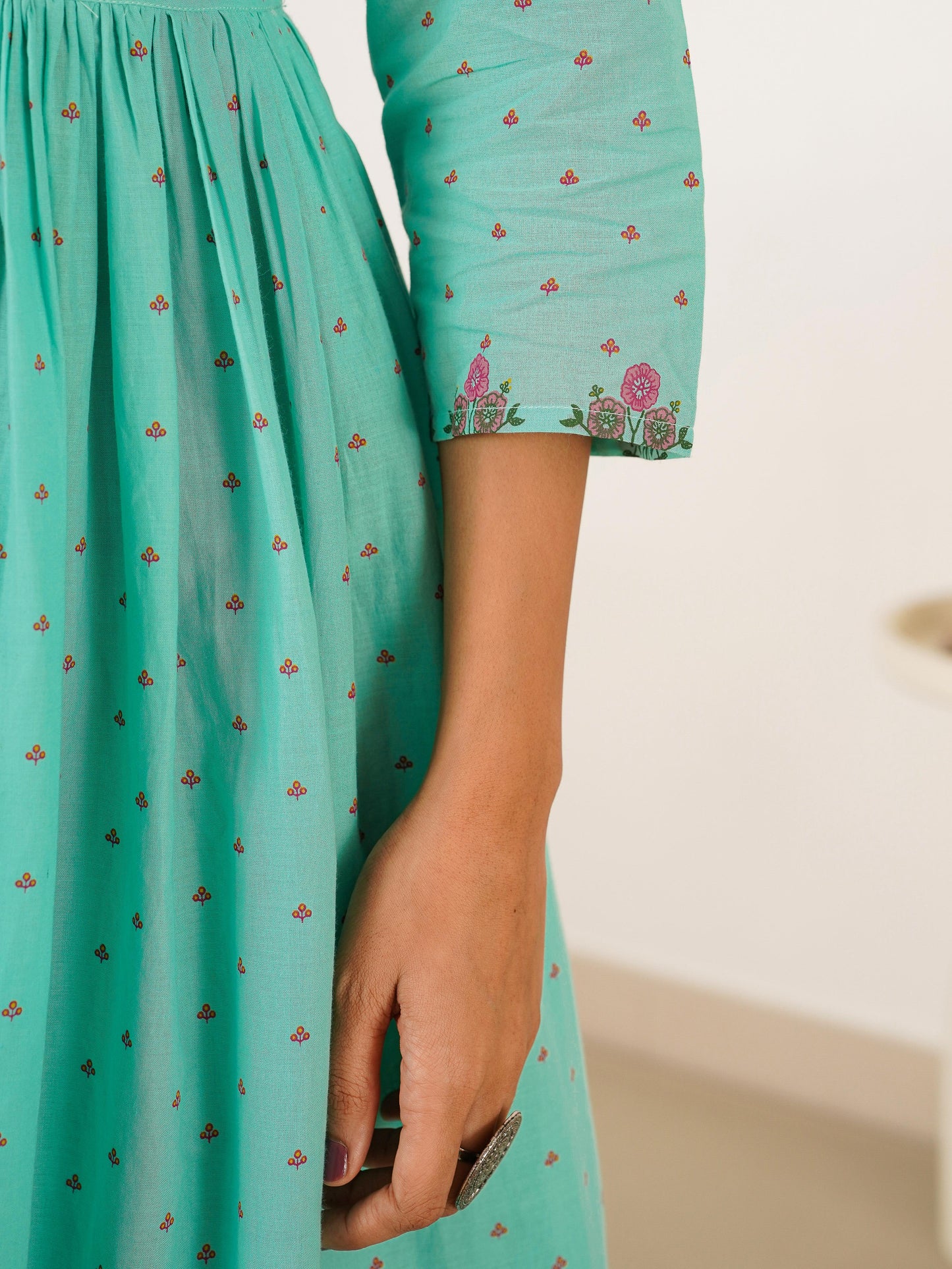 Soft Cotton Floral Anarkali Mint Green Dress