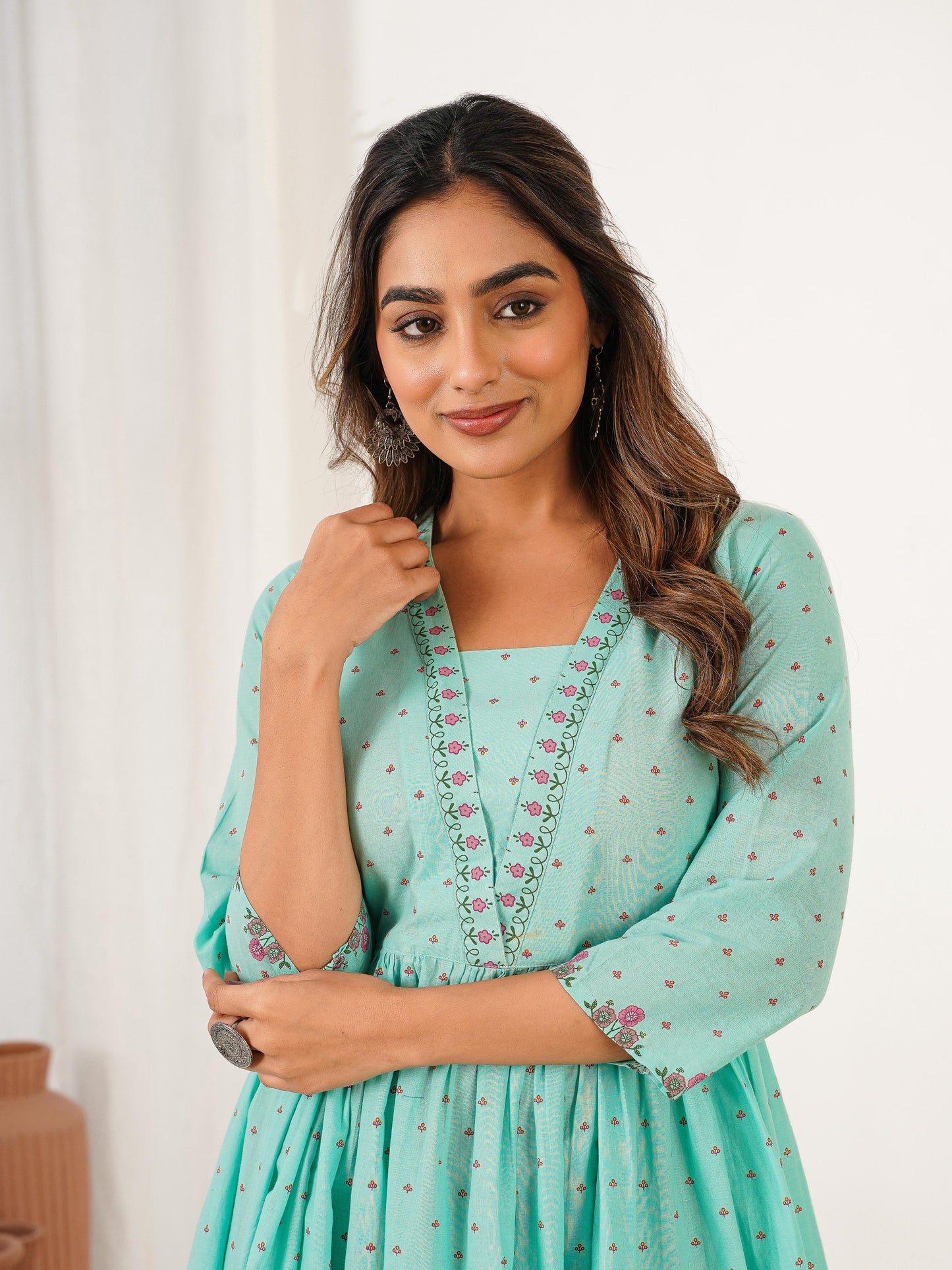 Soft Cotton Floral Anarkali Mint Green Dress
