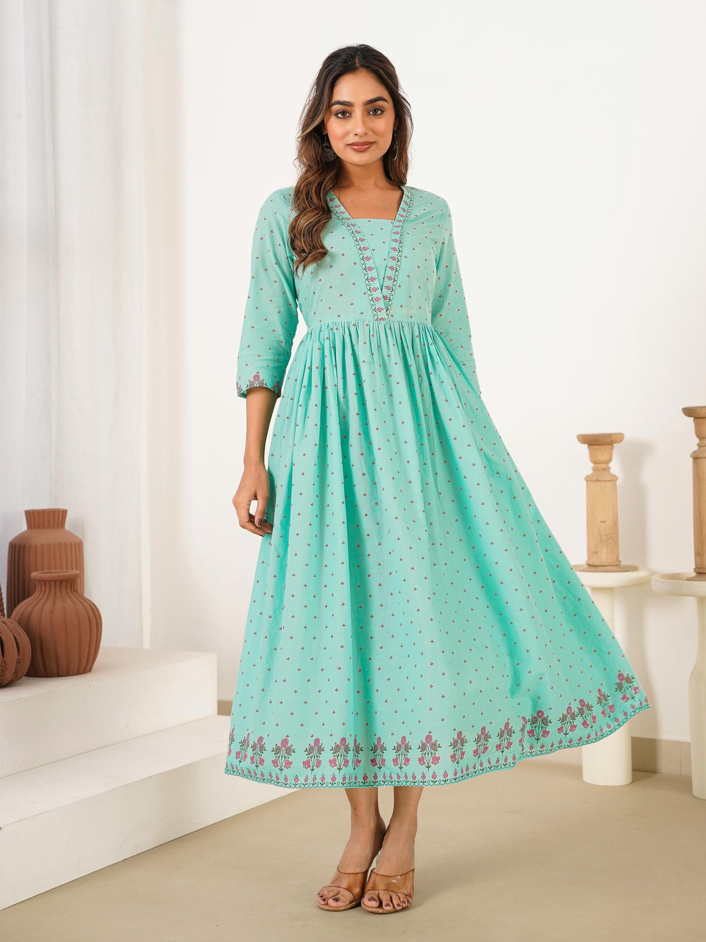 Soft Cotton Floral Anarkali Mint Green Dress