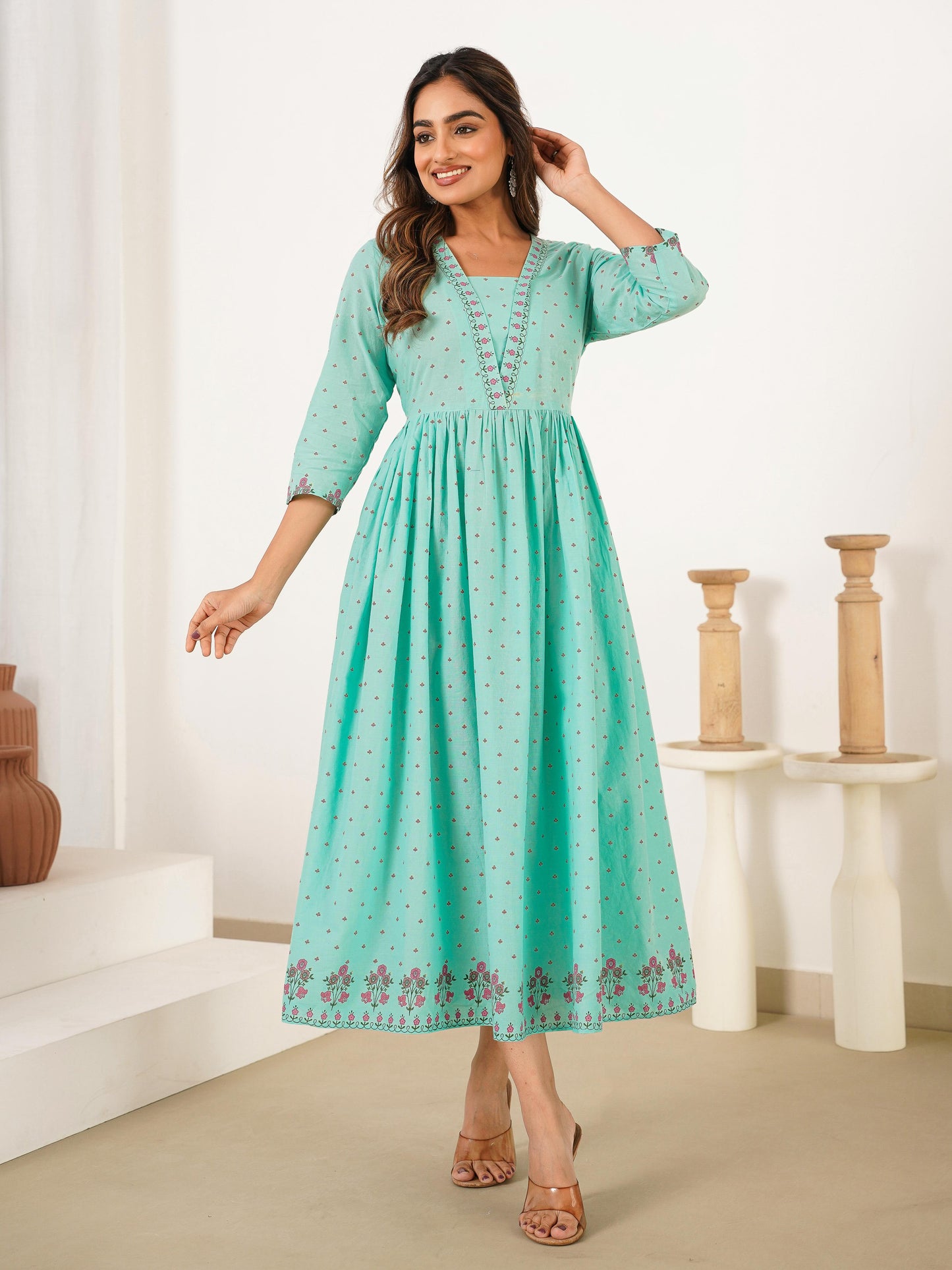 Soft Cotton Floral Anarkali Mint Green Dress