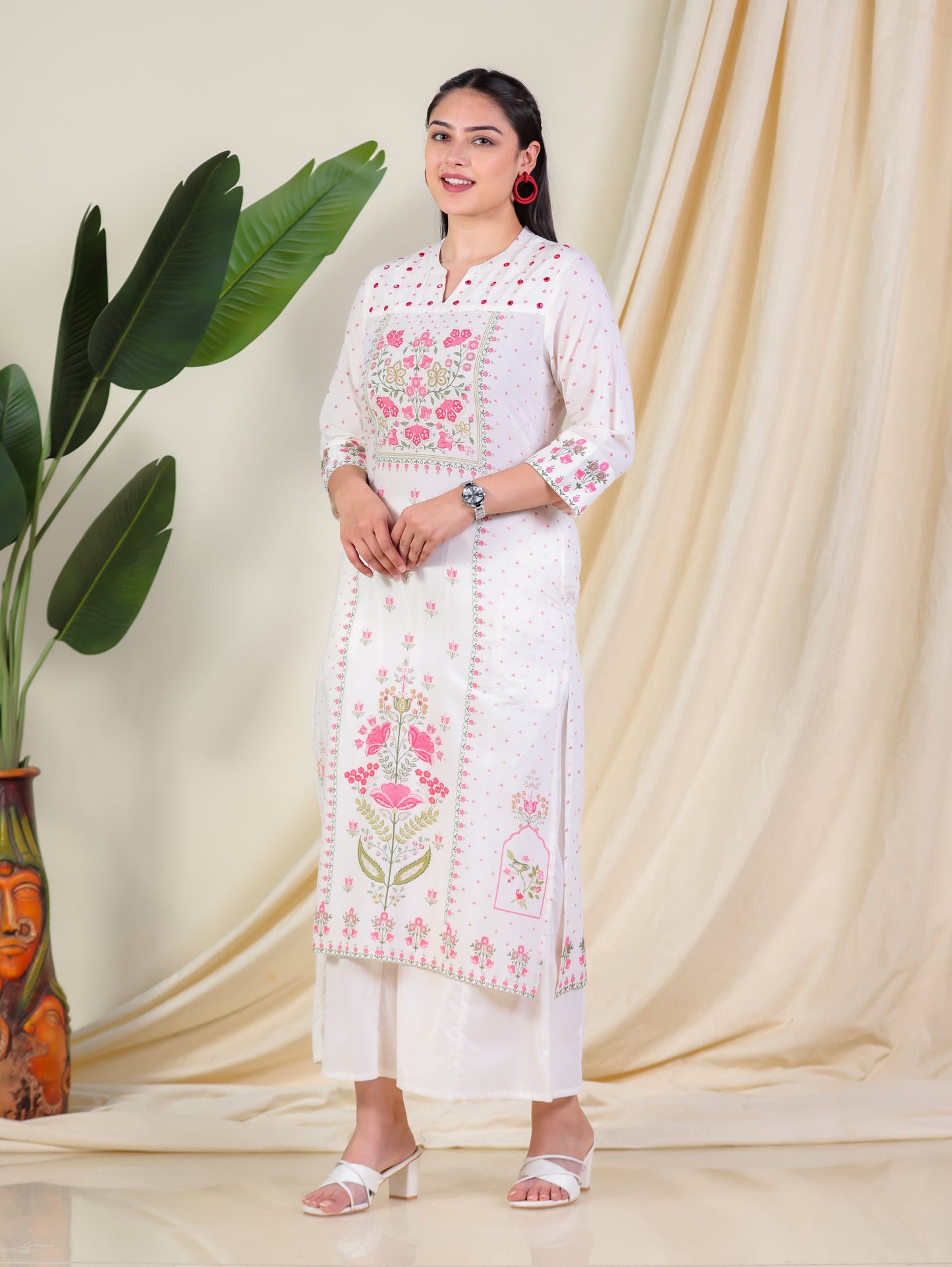 Embroidered Soft Cotton Floral Straight Off White Kurta