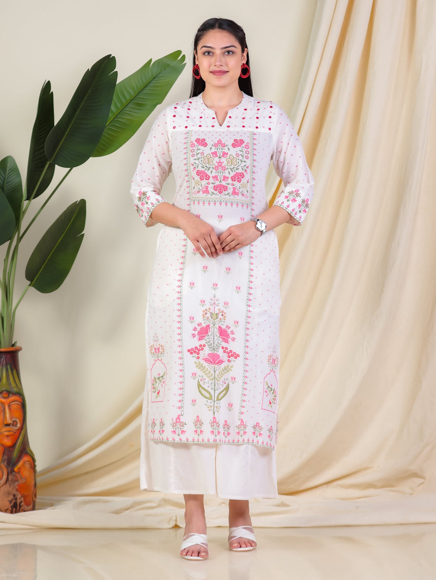 Embroidered Soft Cotton Floral Straight Off White Kurta