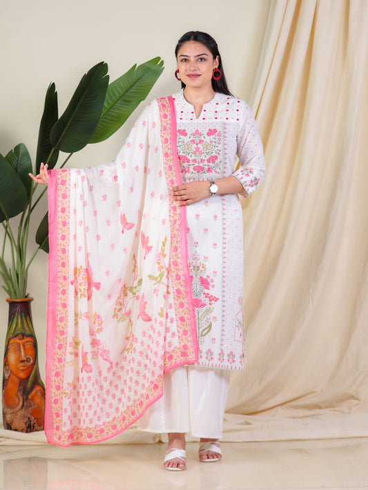Embroidered Soft Cotton Floral Straight Off White Kurta