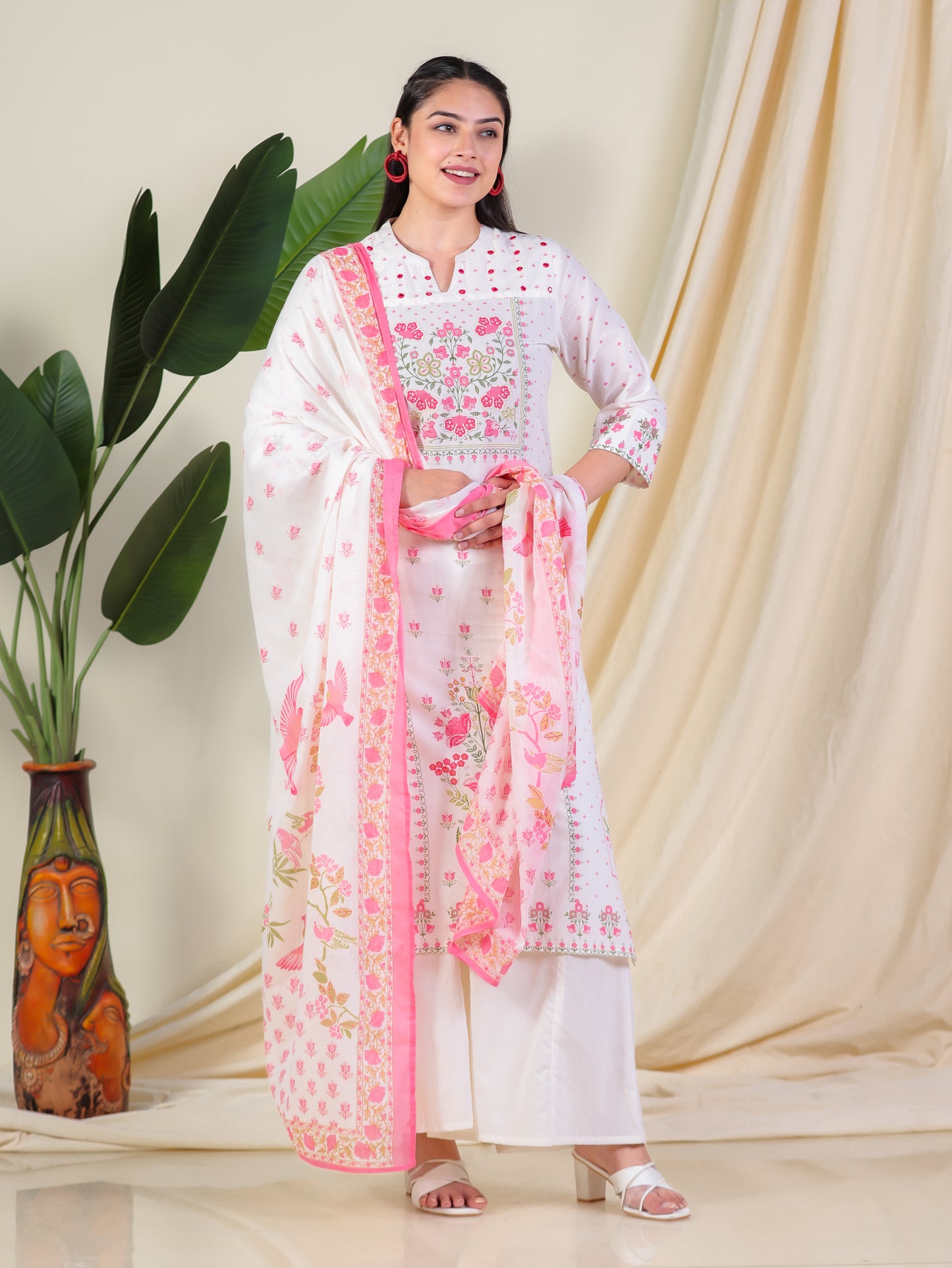 Embroidered Soft Cotton Floral Straight Off White Kurta